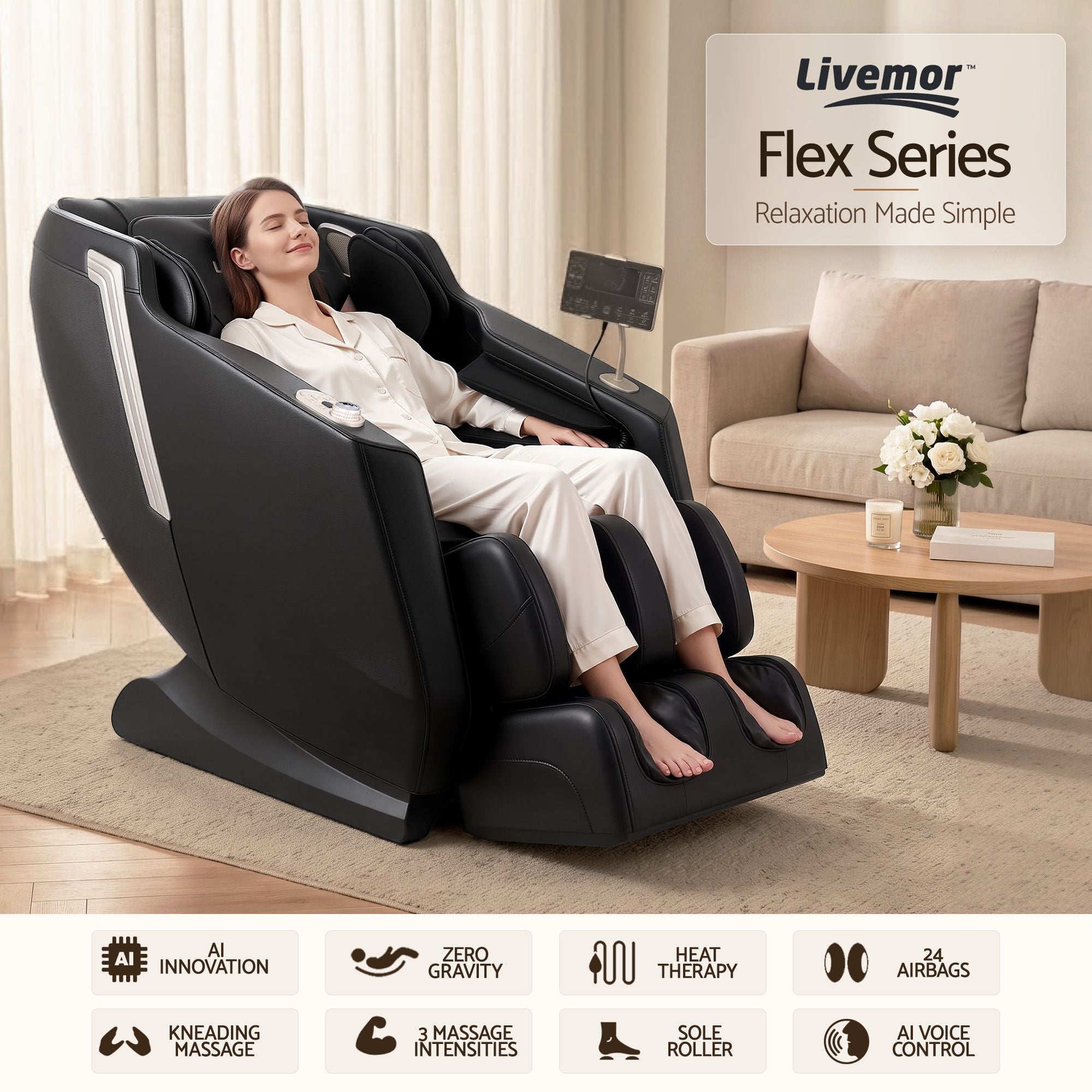 Arete Flex Massage Chair Full Body with Heat Zero Gravity Recliner, 24 Airbags, Foot Massage, 6 Auto Programs, Voice Control, Bluetooth Speakers, Screen Control, Extendable Footrest