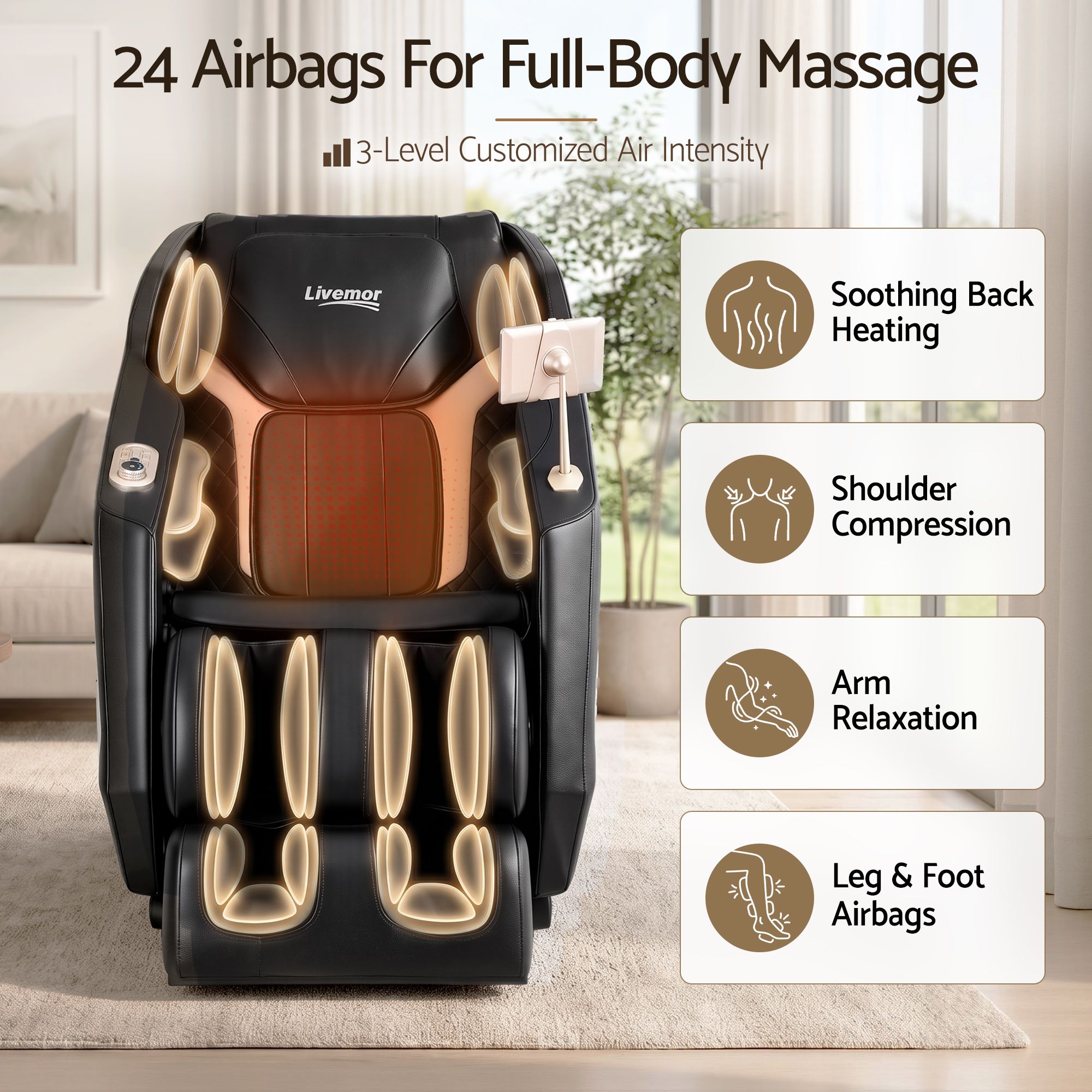 Arete Flex Massage Chair Full Body with Heat Zero Gravity Recliner, 24 Airbags, Foot Massage, 6 Auto Programs, Voice Control, Bluetooth Speakers, Screen Control, Extendable Footrest