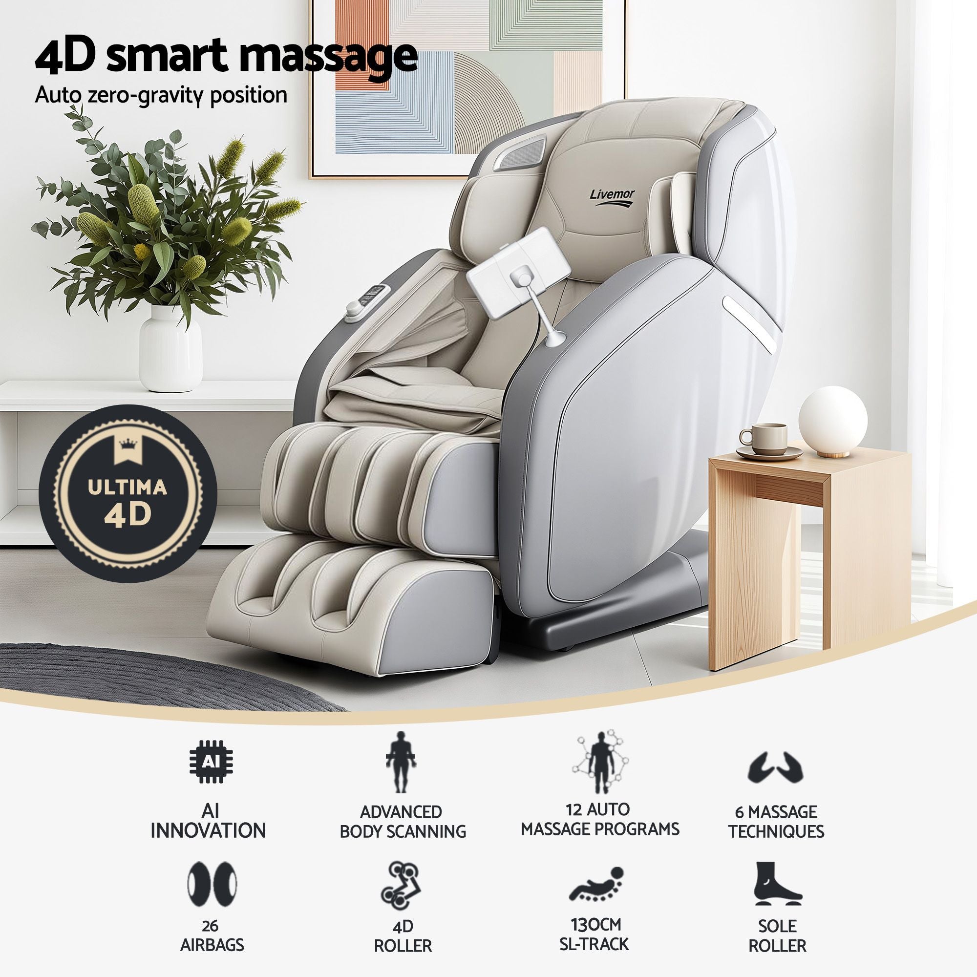 Arete Total Recovery Grey 4D Massage Chair - Full Body SL-Track Zero Gravity with Body Scan, Deep Tissue Electric Massager
