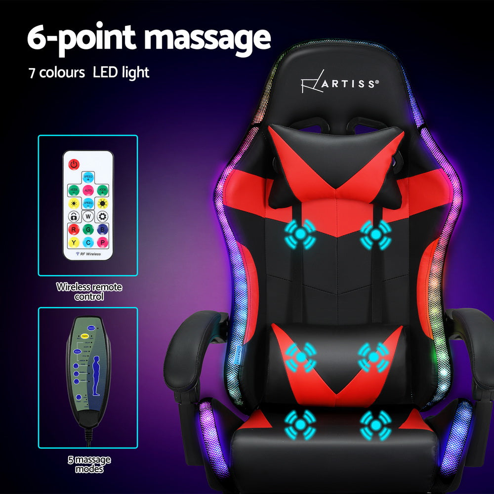 Rejuvachair 7 LED Footrest Red 6 Point Massage Gaming & Office Chair