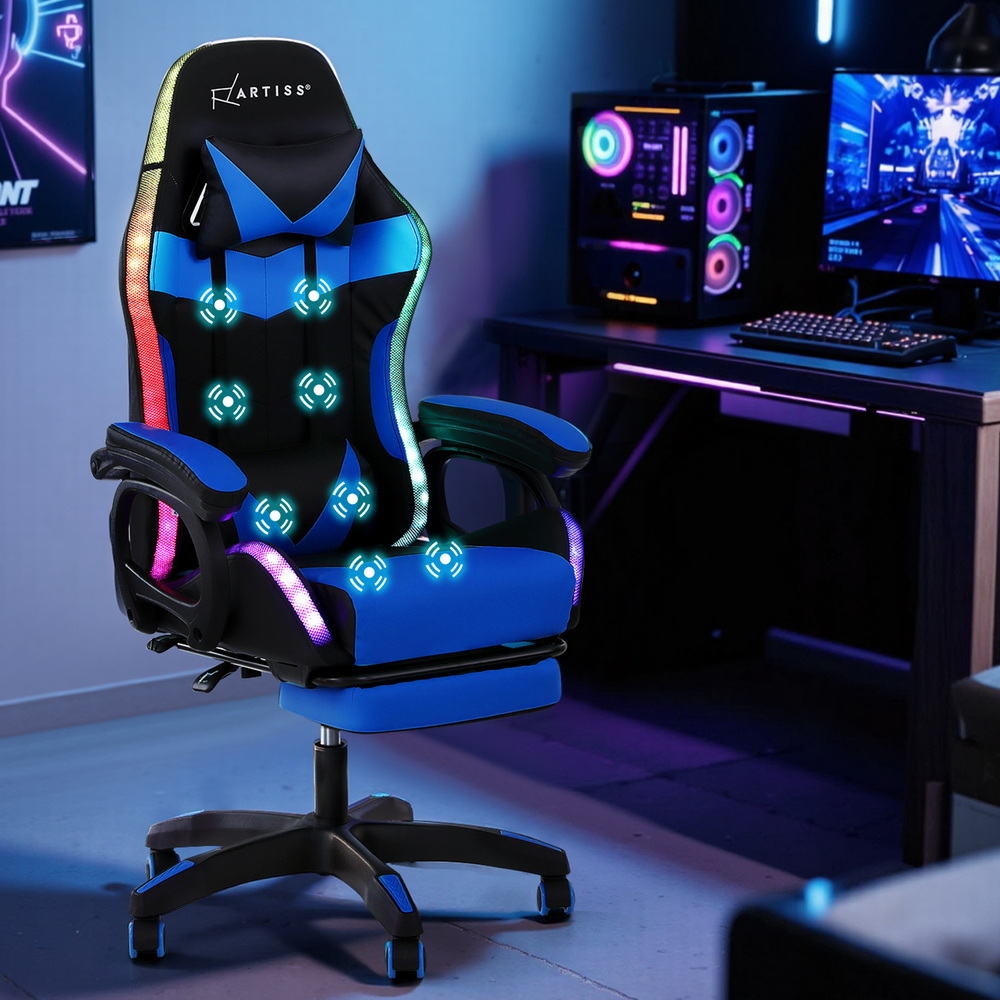Rejuvachair Blue Footrest Gaming & Office Chair 12 RGB LED Massage Seat