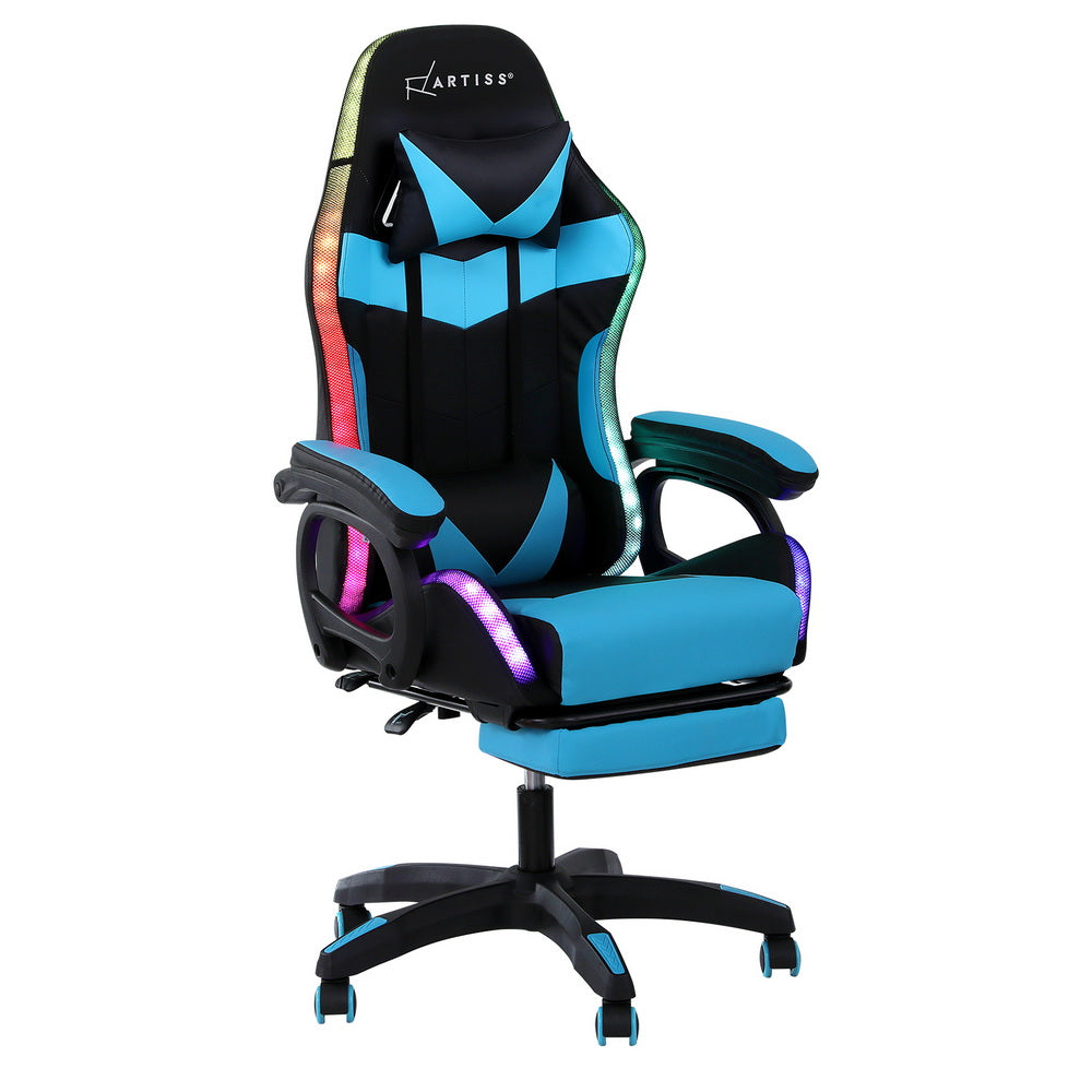 Rejuvachair Cyan Footrest Gaming & Office Chair 12 RGB LED MassageSeat