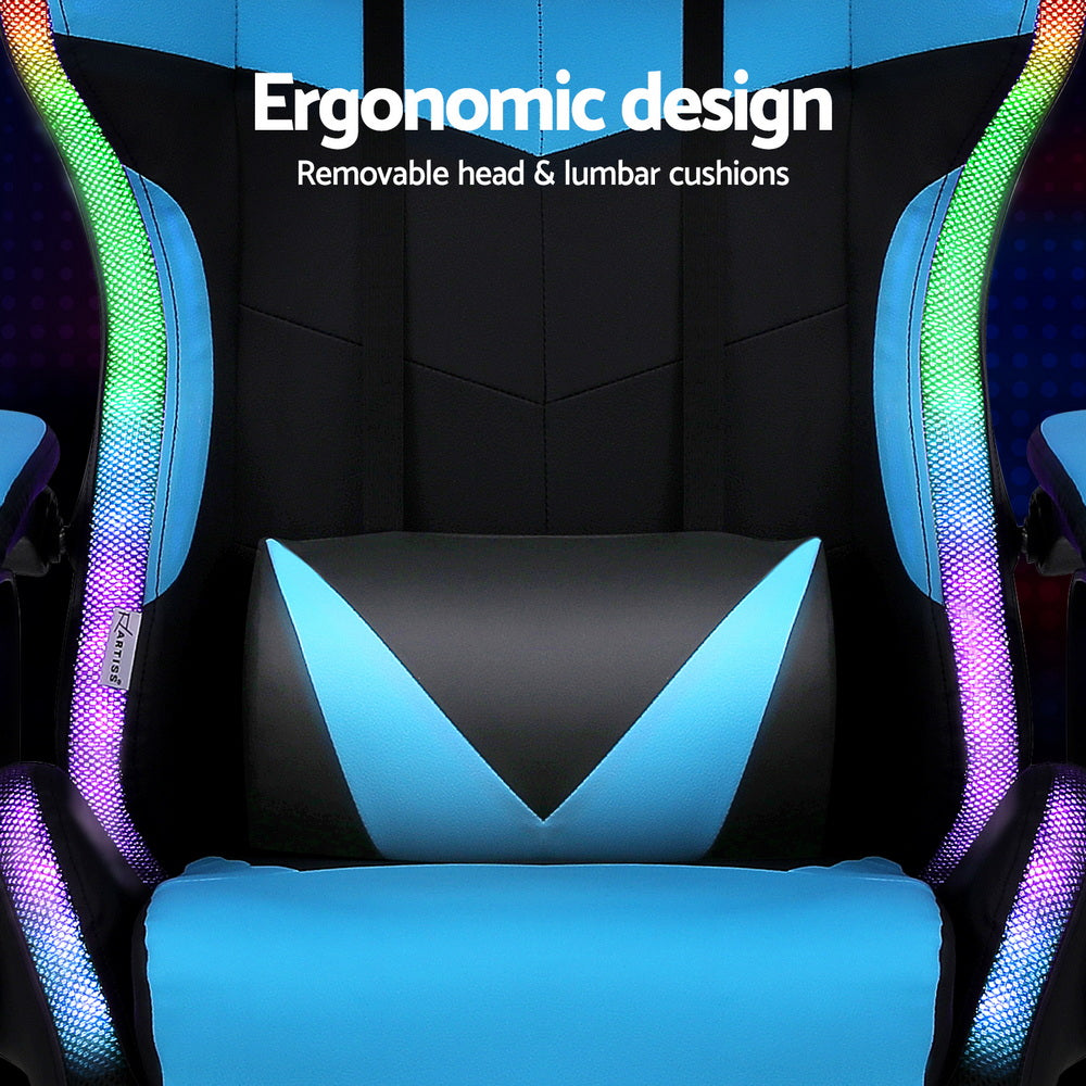 Rejuvachair Cyan Footrest Gaming & Office Chair 12 RGB LED MassageSeat
