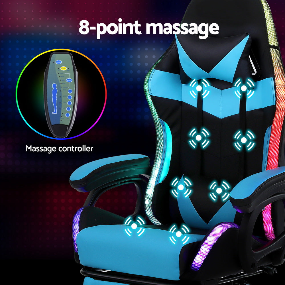 Rejuvachair Cyan Footrest Gaming & Office Chair 12 RGB LED MassageSeat