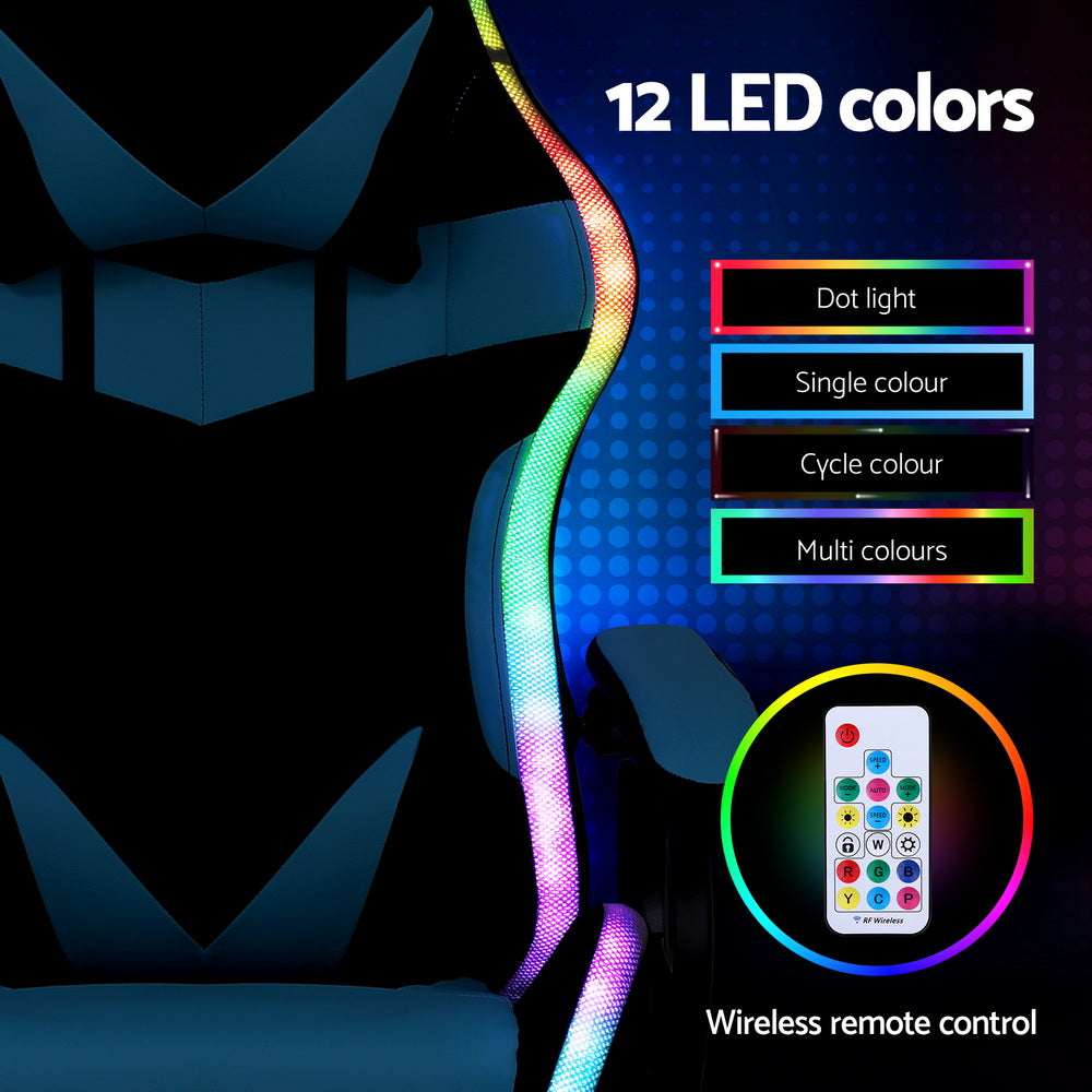 Rejuvachair Cyan Footrest Gaming & Office Chair 12 RGB LED MassageSeat
