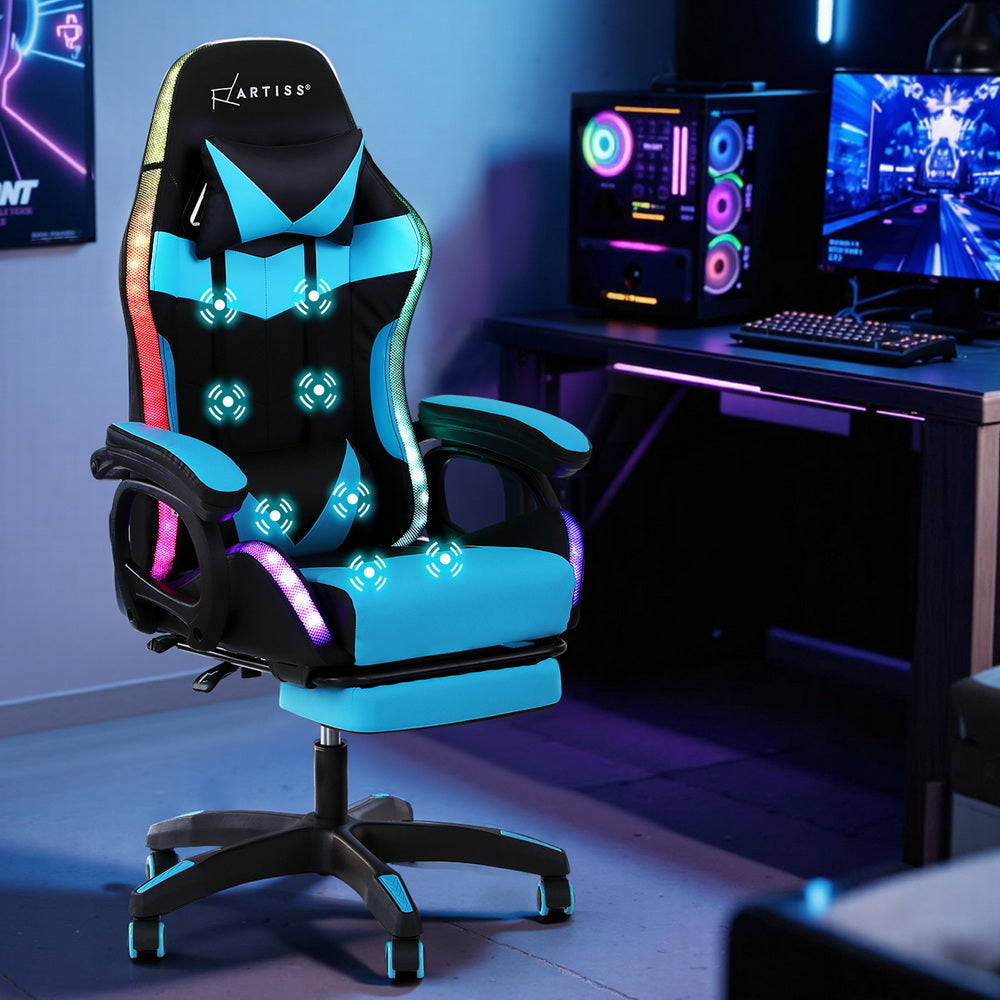 Rejuvachair Cyan Footrest Gaming & Office Chair 12 RGB LED MassageSeat