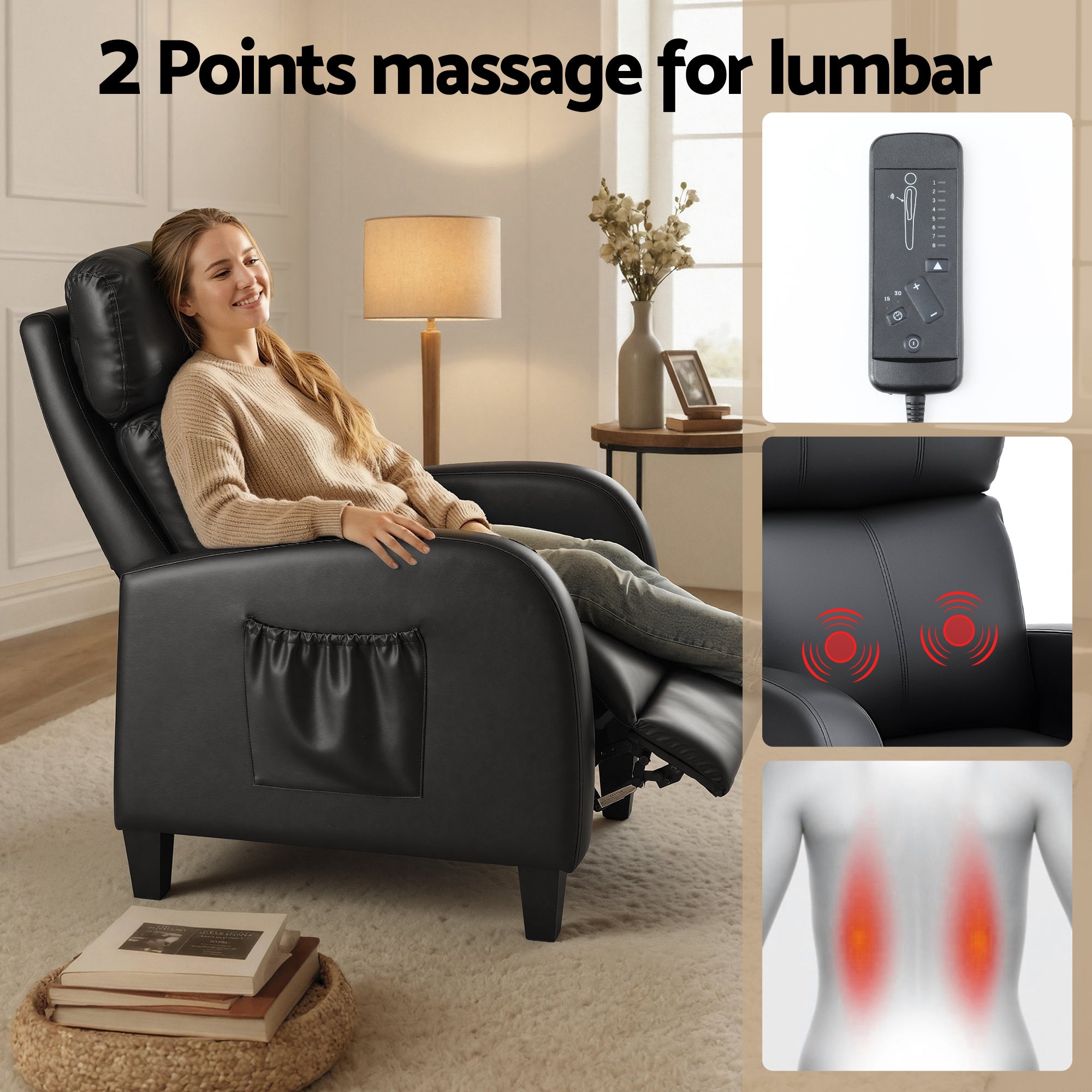 Arete Flow, Black Leather Massage Recliner Chair
