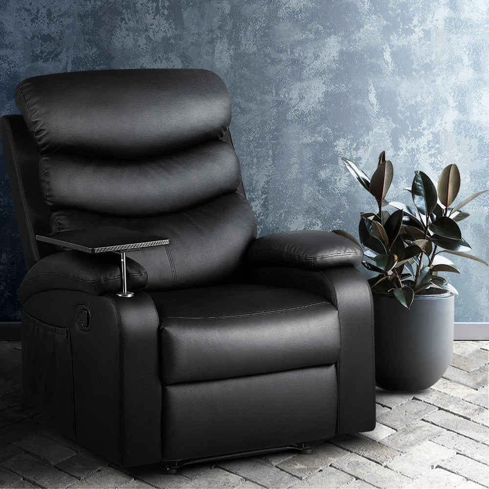 Arete Ease Recliner Black Leather Chair with Tray Table