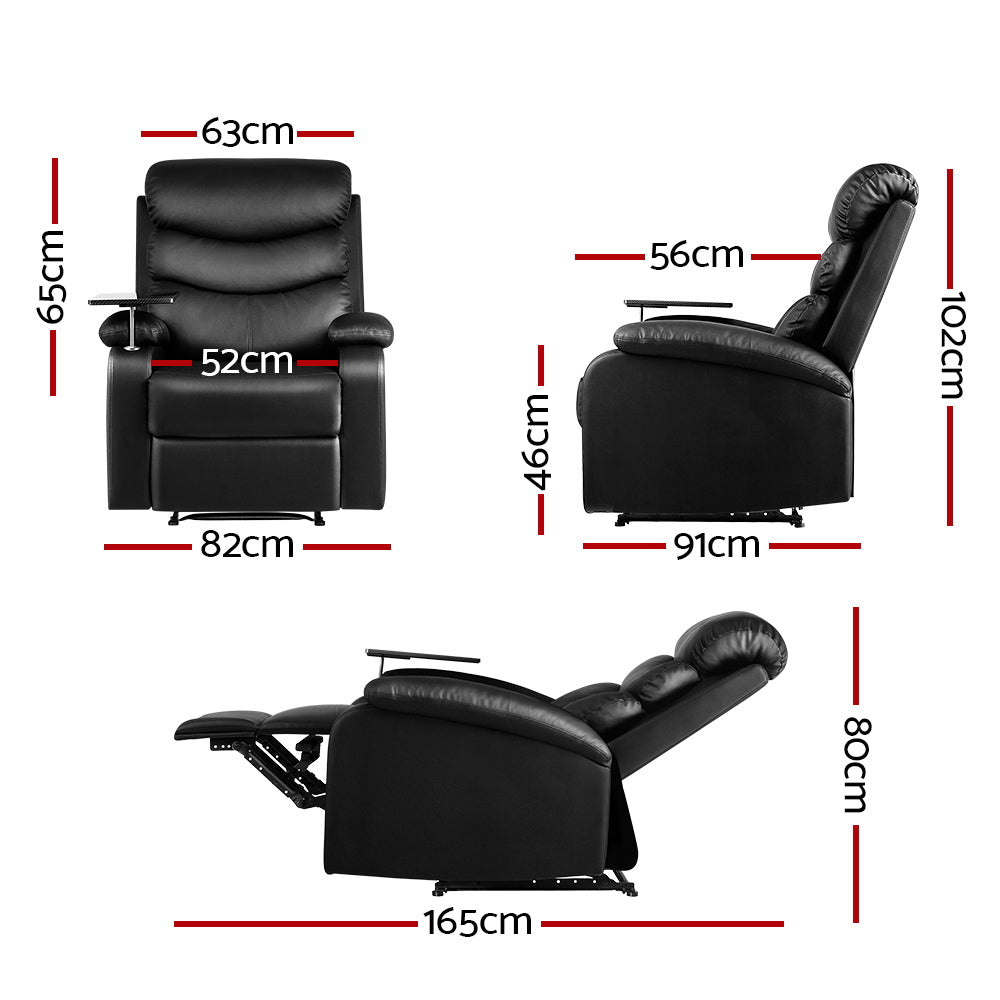 Arete Ease Recliner Black Leather Chair with Tray Table