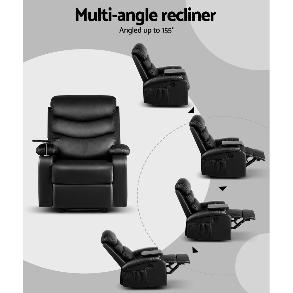 Arete Ease Recliner Black Leather Chair with Tray Table