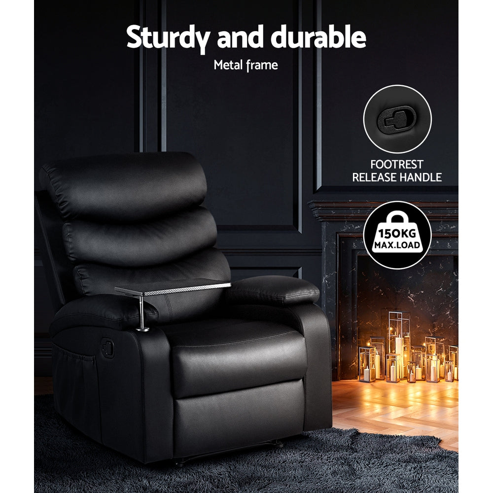 Arete Ease Recliner Black Leather Chair with Tray Table