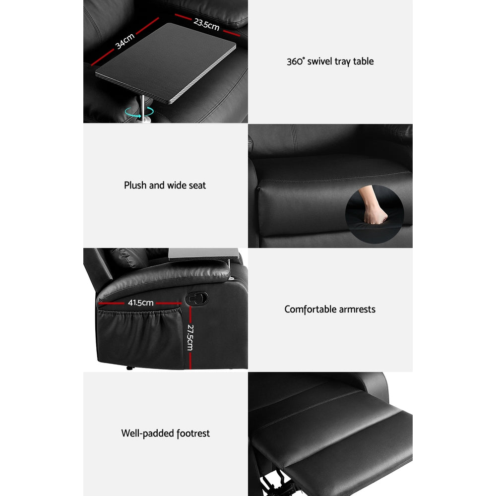 Arete Ease Recliner Black Leather Chair with Tray Table