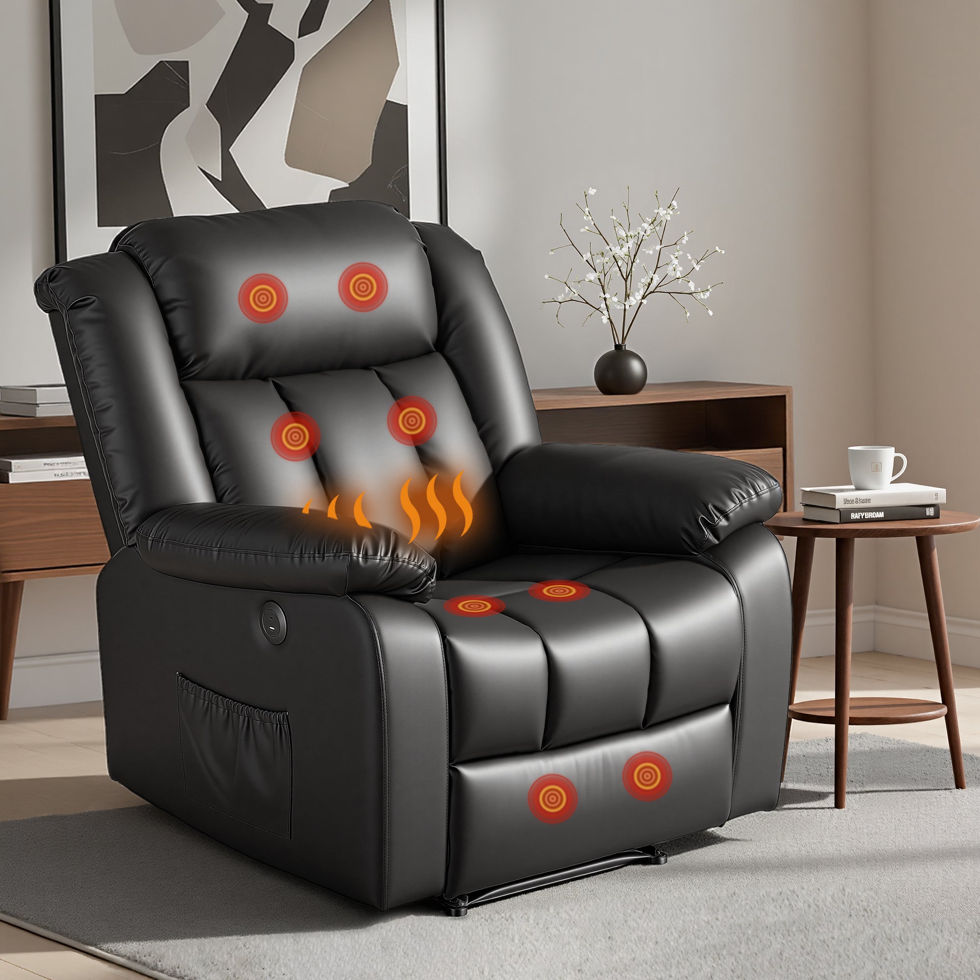Rejuvachair Support, 8 Point Vibration & Lumbar Heat, Black Leather Massage Recliner Chair for Living Room,  Sofa Lounge Reclining Chair with 2 USB ports