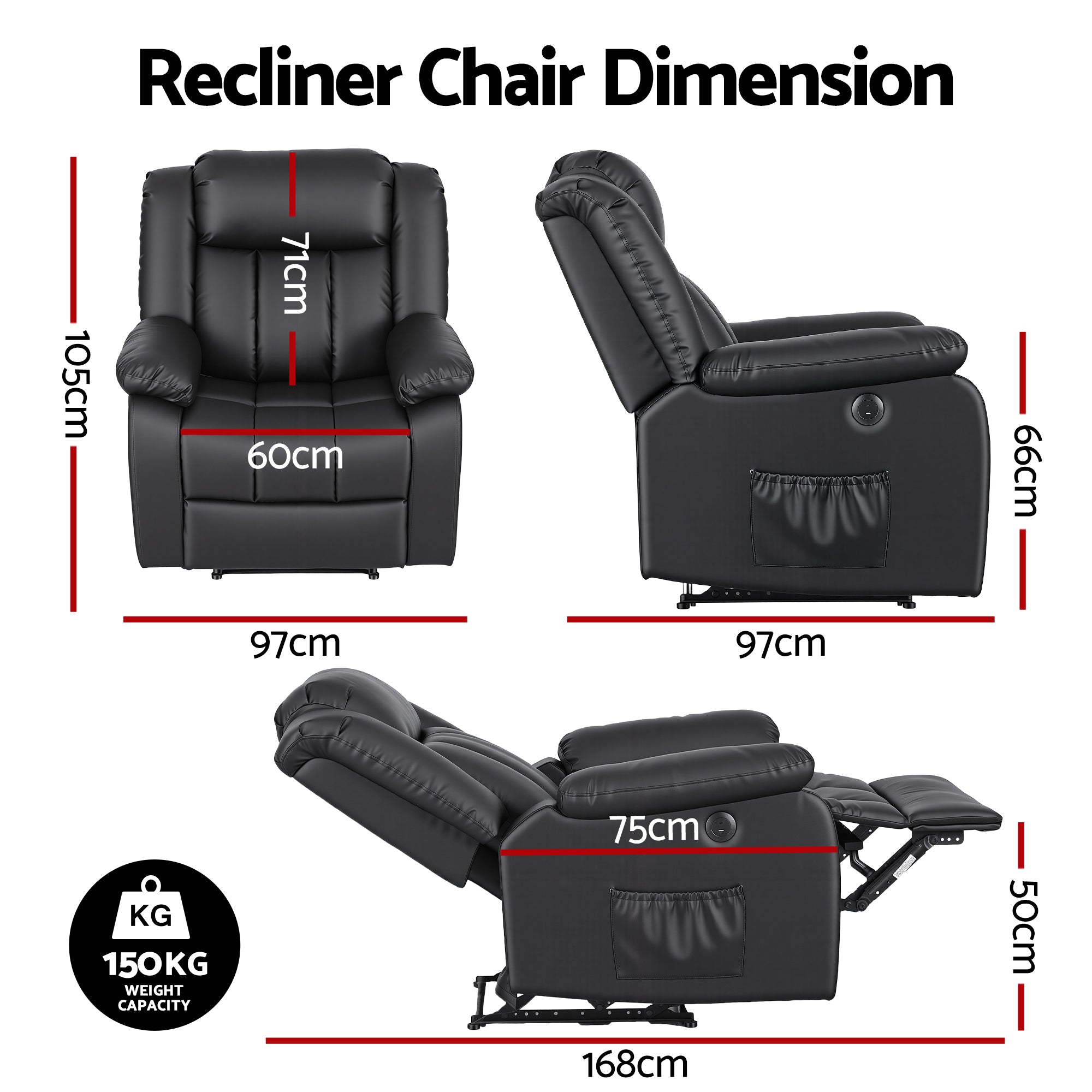 Rejuvachair Support, 8 Point Vibration & Lumbar Heat, Black Leather Massage Recliner Chair for Living Room,  Sofa Lounge Reclining Chair with 2 USB ports