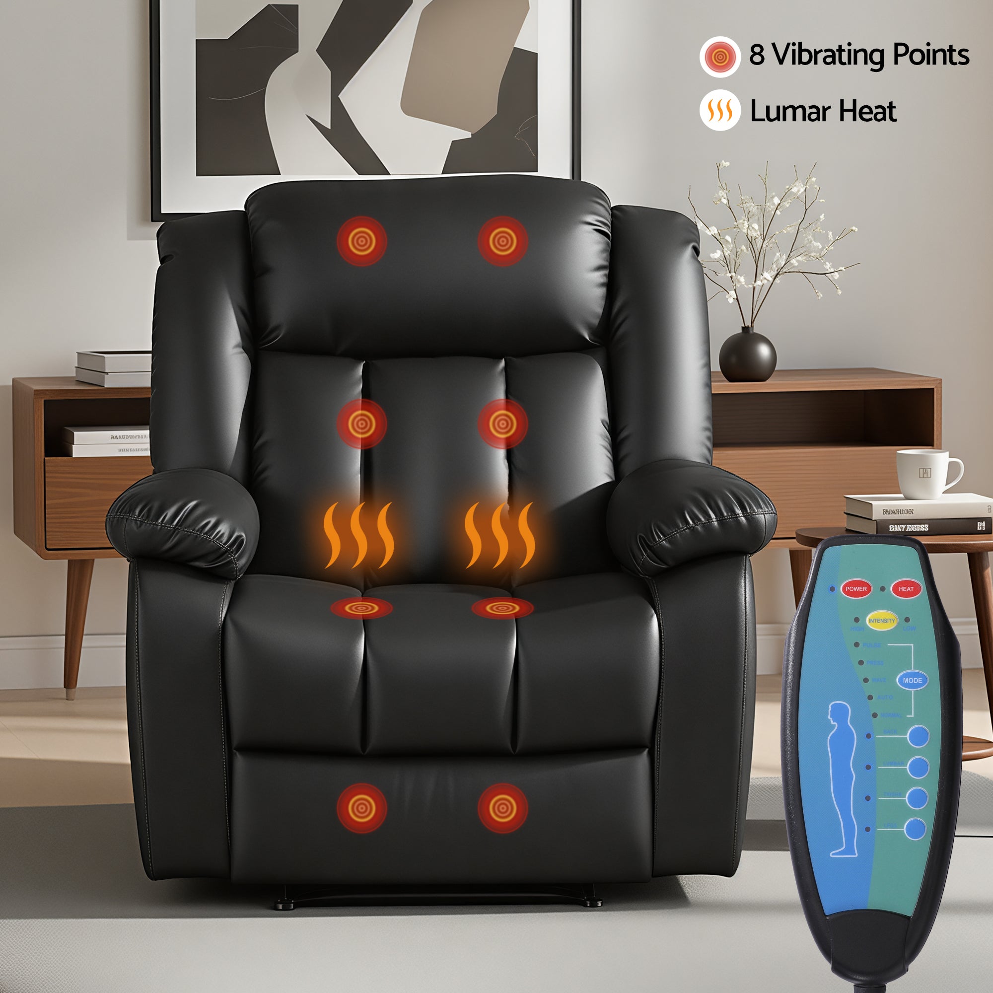 Rejuvachair Support, 8 Point Vibration & Lumbar Heat, Black Leather Massage Recliner Chair for Living Room,  Sofa Lounge Reclining Chair with 2 USB ports
