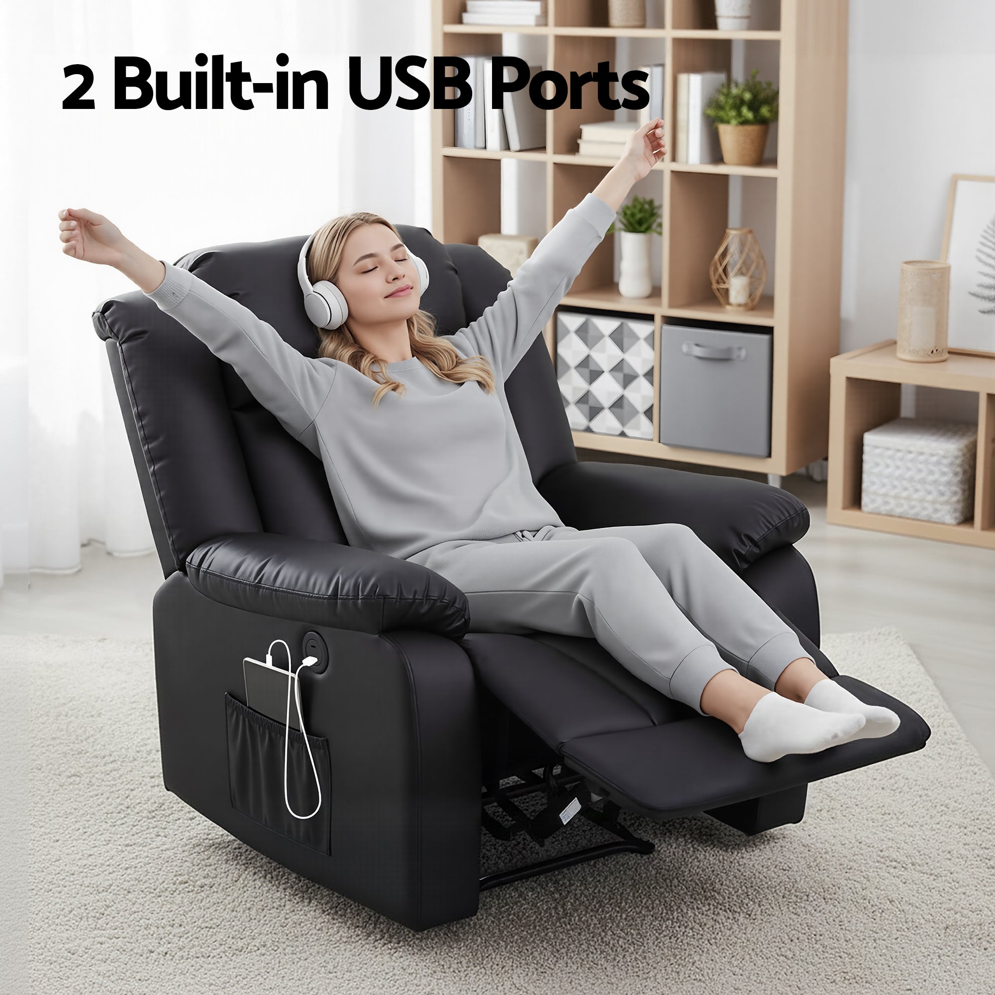 Rejuvachair Support, 8 Point Vibration & Lumbar Heat, Black Leather Massage Recliner Chair for Living Room,  Sofa Lounge Reclining Chair with 2 USB ports