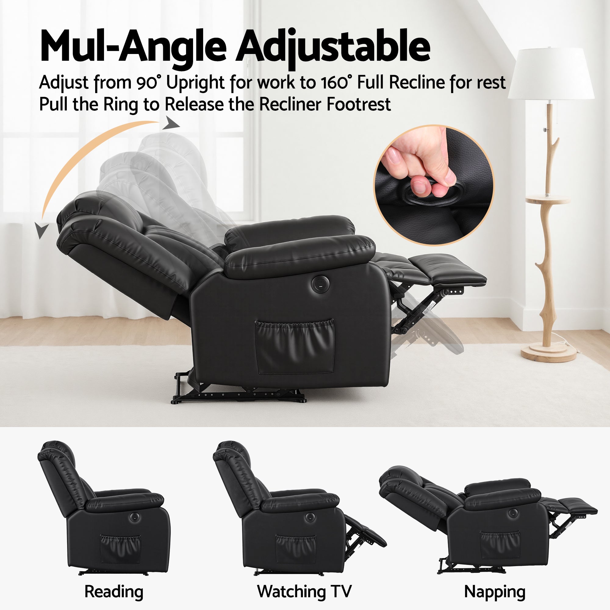 Rejuvachair Support, 8 Point Vibration & Lumbar Heat, Black Leather Massage Recliner Chair for Living Room,  Sofa Lounge Reclining Chair with 2 USB ports