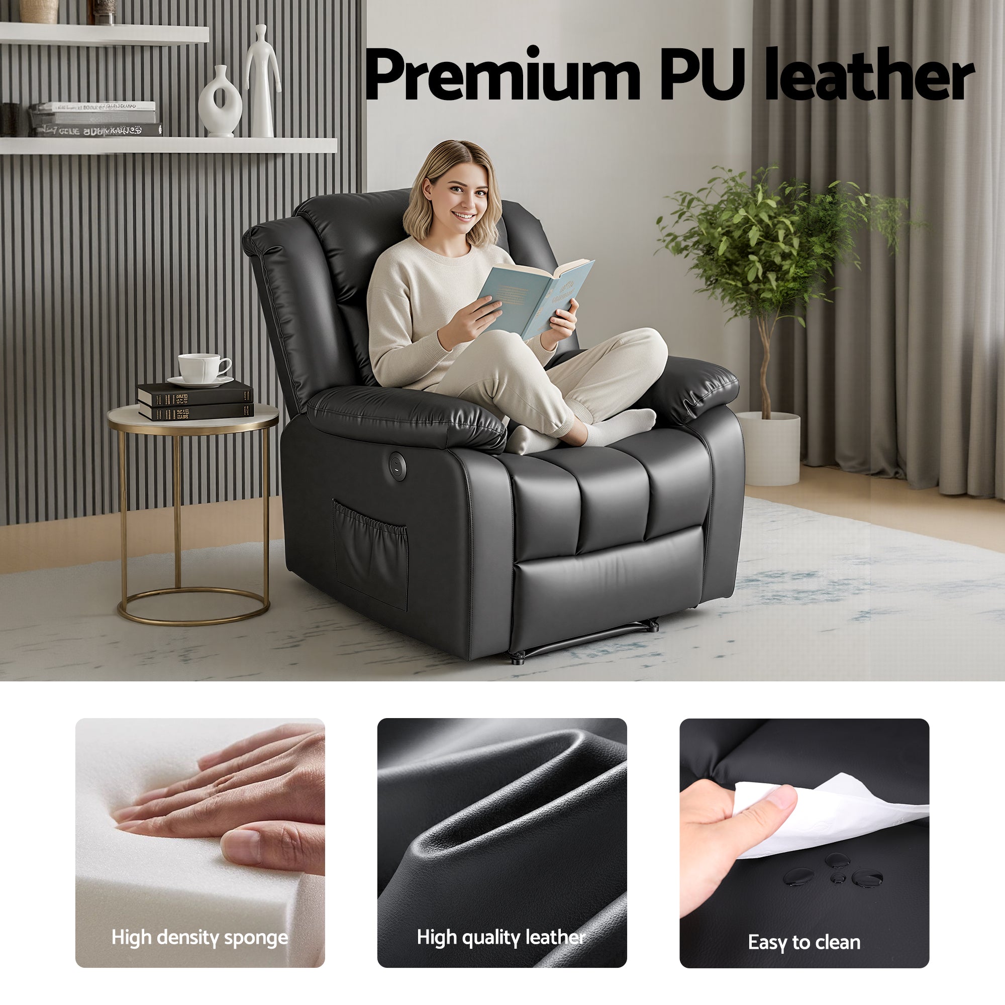 Rejuvachair Support, 8 Point Vibration & Lumbar Heat, Black Leather Massage Recliner Chair for Living Room,  Sofa Lounge Reclining Chair with 2 USB ports