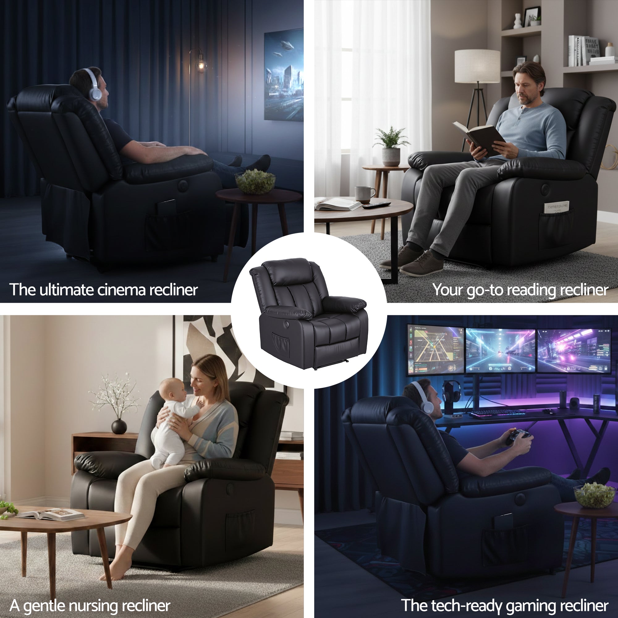 Rejuvachair Support, 8 Point Vibration & Lumbar Heat, Black Leather Massage Recliner Chair for Living Room,  Sofa Lounge Reclining Chair with 2 USB ports