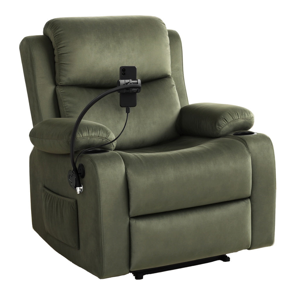 Rejuvachair Recover, Velvet Heated Massage Recliner Chair with Phone Holder