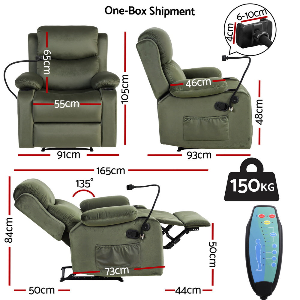 Rejuvachair Recover, Velvet Heated Massage Recliner Chair with Phone Holder