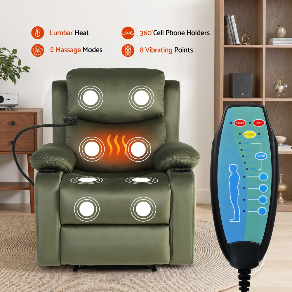 Rejuvachair Recover, Velvet Heated Massage Recliner Chair with Phone Holder