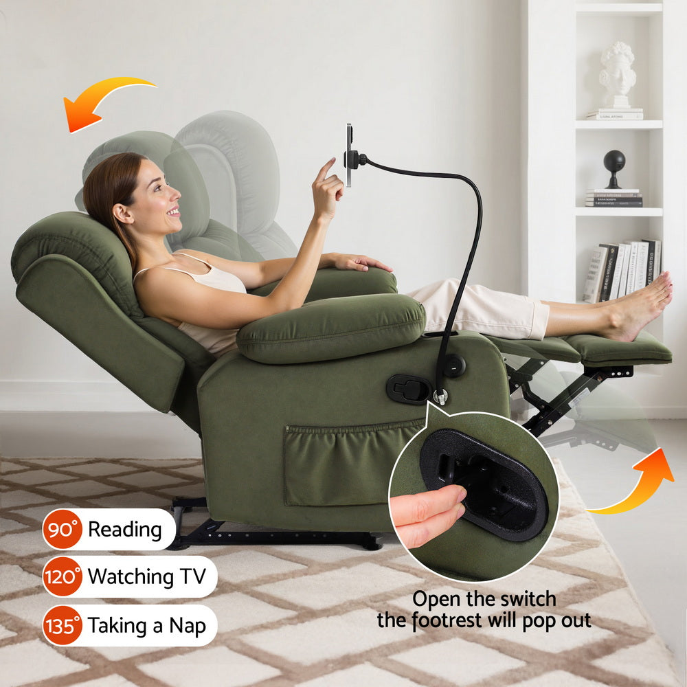 Rejuvachair Recover, Velvet Heated Massage Recliner Chair with Phone Holder
