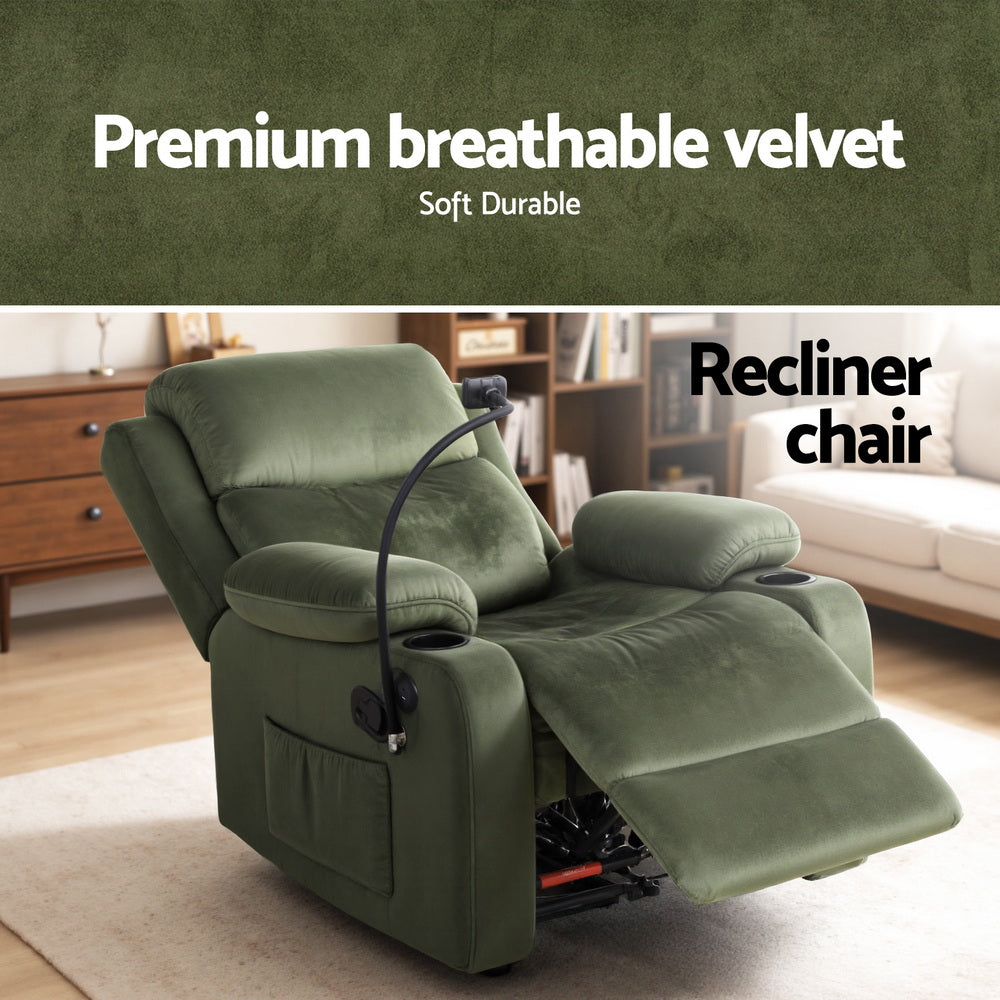 Rejuvachair Recover, Velvet Heated Massage Recliner Chair with Phone Holder