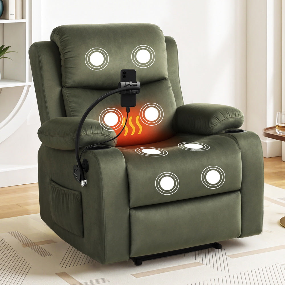 Rejuvachair Recover, Velvet Heated Massage Recliner Chair with Phone Holder