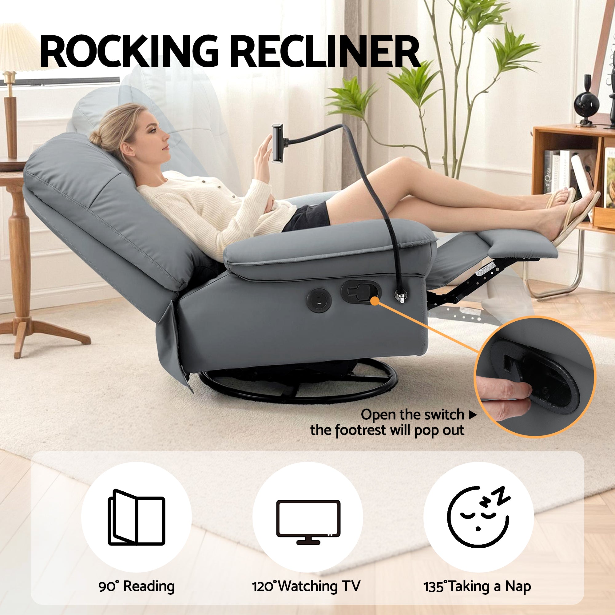 Arete Bliss, Swivel Rocker Nursery Sofa with USB Ports Rocking Recliner Chair