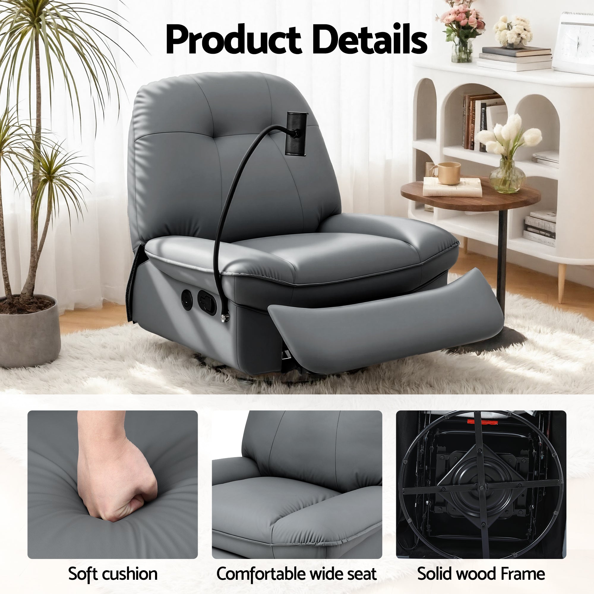 Arete Bliss, Swivel Rocker Nursery Sofa with USB Ports Rocking Recliner Chair