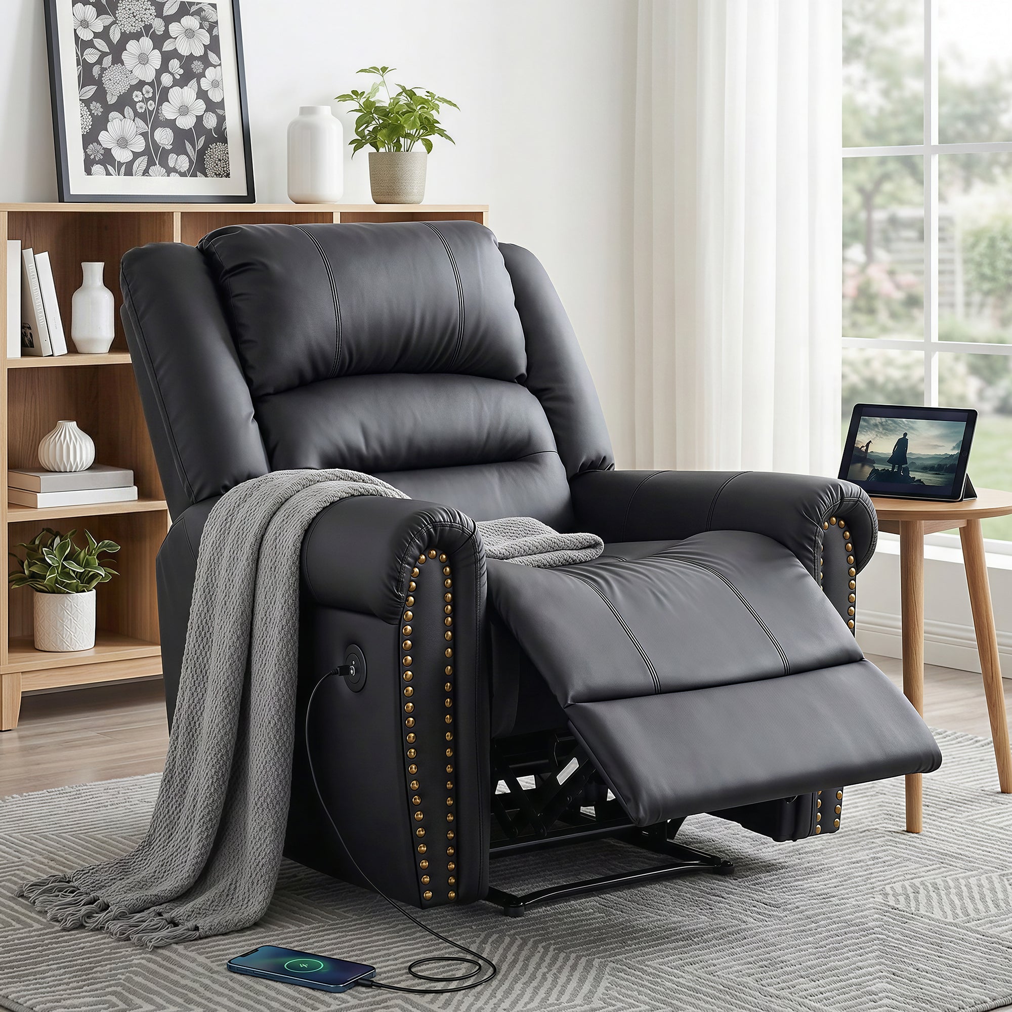 Arete Cloud, Overstuffed, Black Leather Recliner with USB Charge Port, Sofa for Living Room and Nursery,  Reclining Lounge with Comfortable Wide Seat,