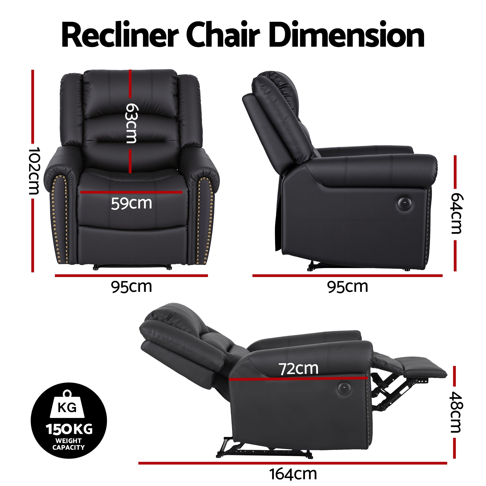 Arete Cloud, Overstuffed, Black Leather Recliner with USB Charge Port, Sofa for Living Room and Nursery,  Reclining Lounge with Comfortable Wide Seat,
