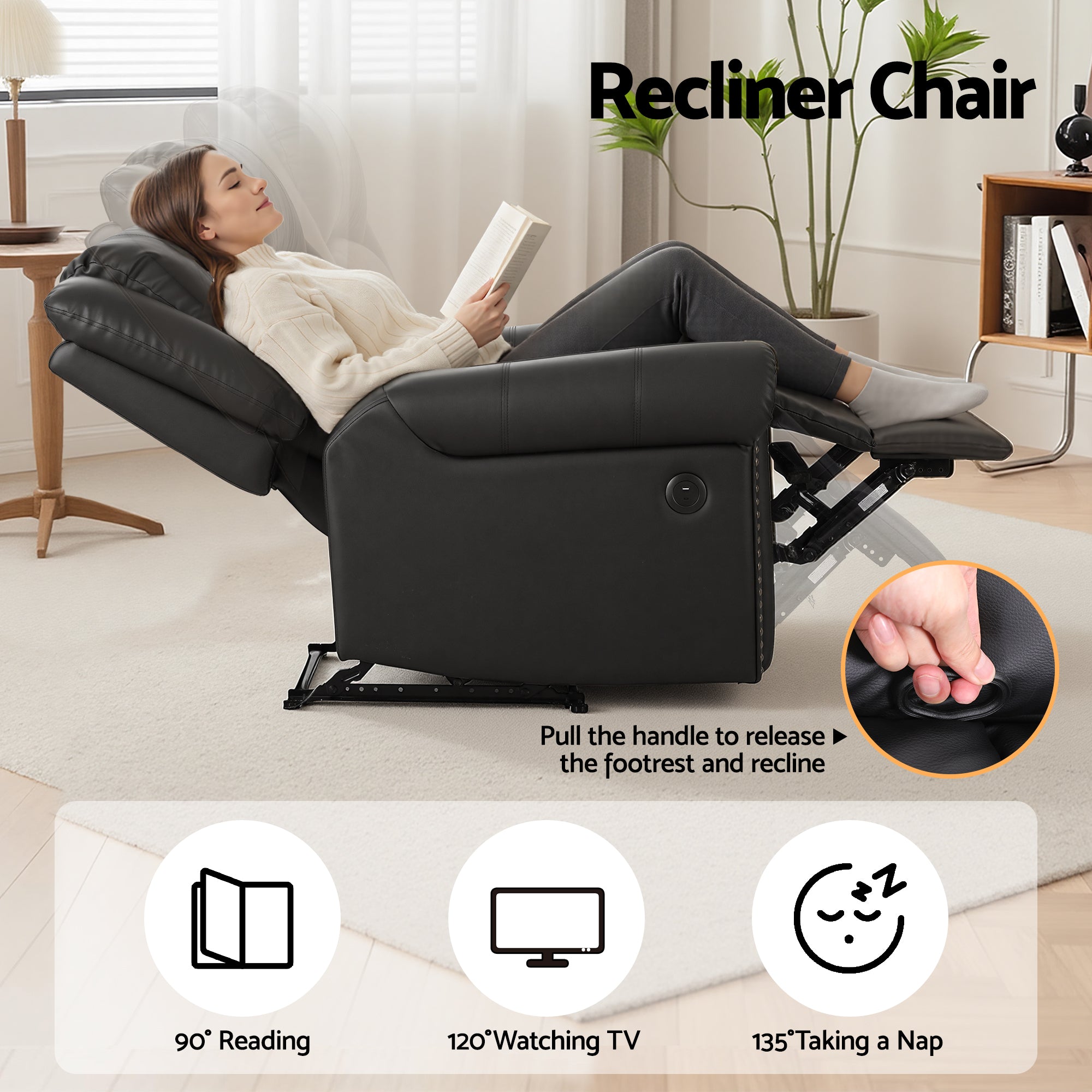 Arete Cloud, Overstuffed, Black Leather Recliner with USB Charge Port, Sofa for Living Room and Nursery,  Reclining Lounge with Comfortable Wide Seat,