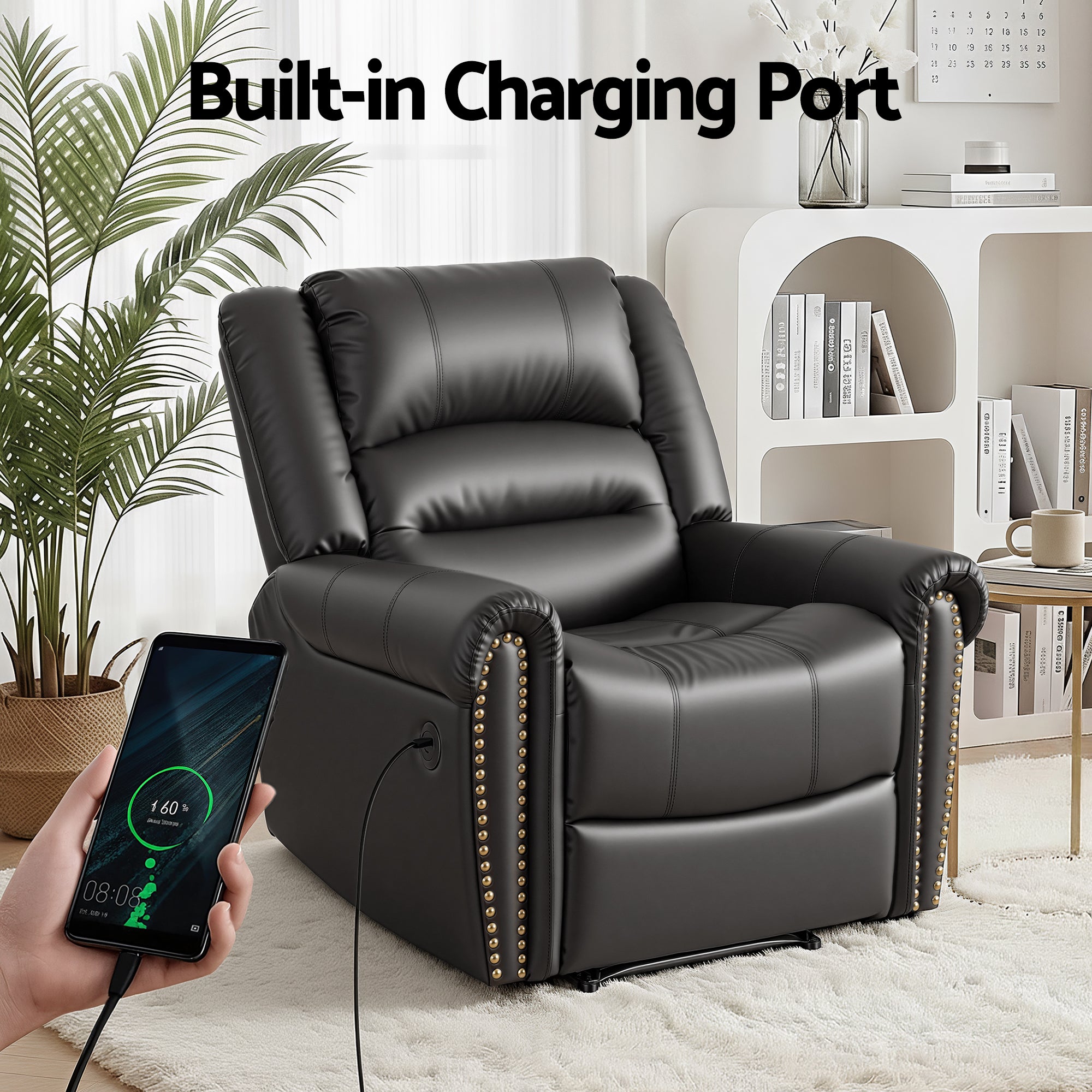 Arete Cloud, Overstuffed, Black Leather Recliner with USB Charge Port, Sofa for Living Room and Nursery,  Reclining Lounge with Comfortable Wide Seat,