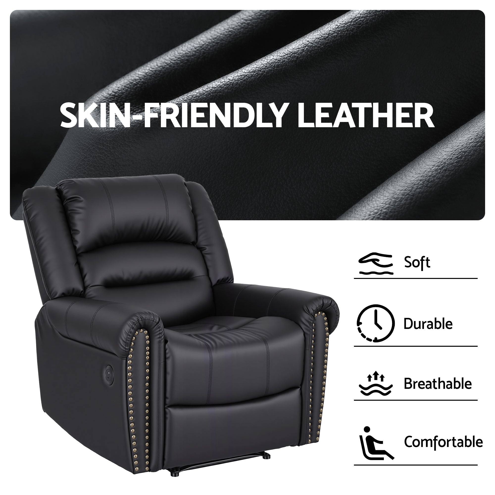 Arete Cloud, Overstuffed, Black Leather Recliner with USB Charge Port, Sofa for Living Room and Nursery,  Reclining Lounge with Comfortable Wide Seat,