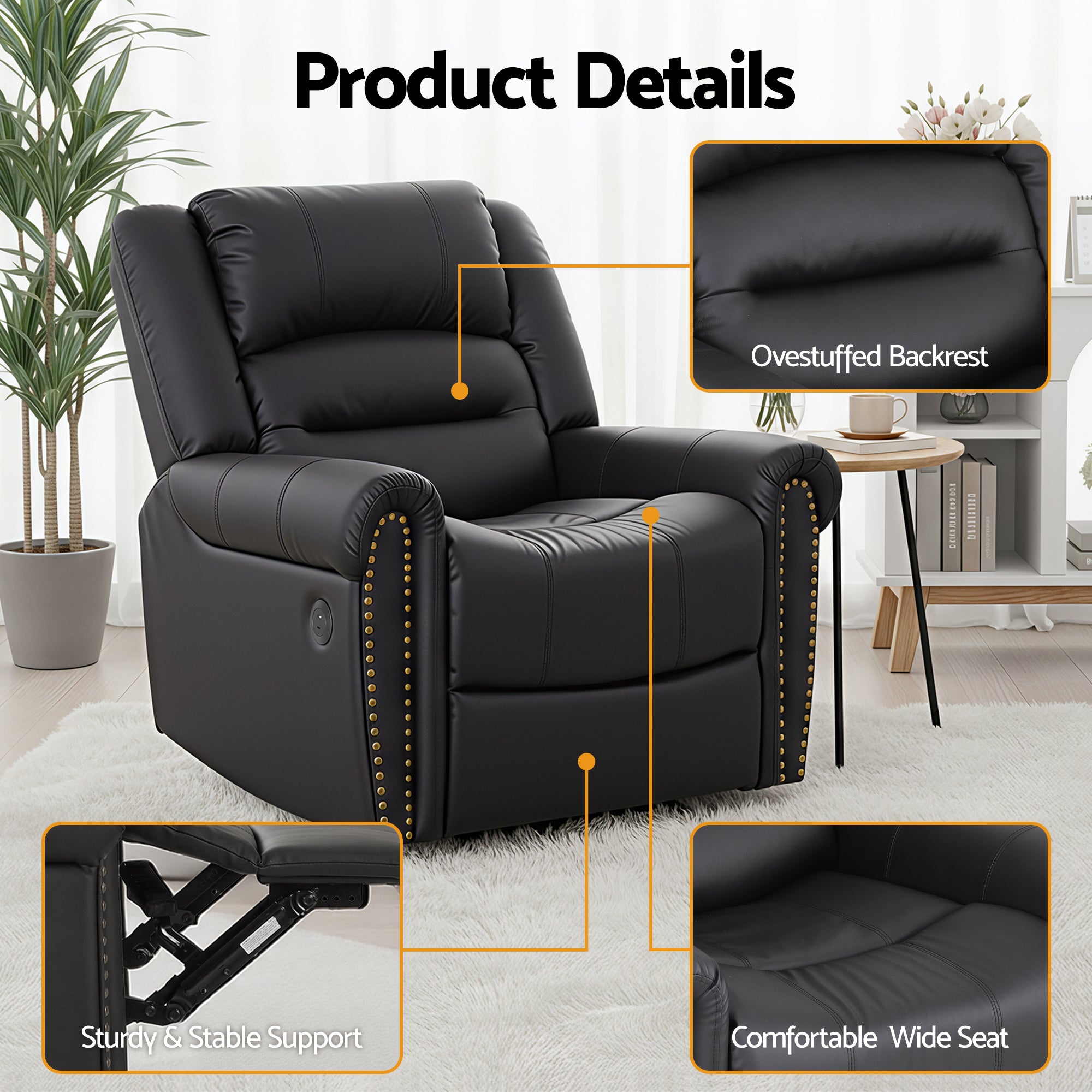 Arete Cloud, Overstuffed, Black Leather Recliner with USB Charge Port, Sofa for Living Room and Nursery,  Reclining Lounge with Comfortable Wide Seat,