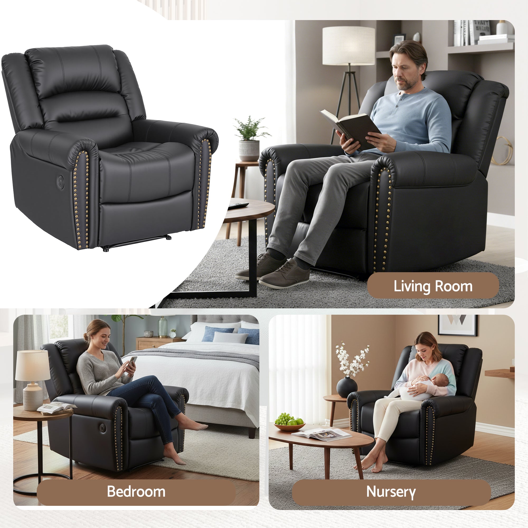 Arete Cloud, Overstuffed, Black Leather Recliner with USB Charge Port, Sofa for Living Room and Nursery,  Reclining Lounge with Comfortable Wide Seat,