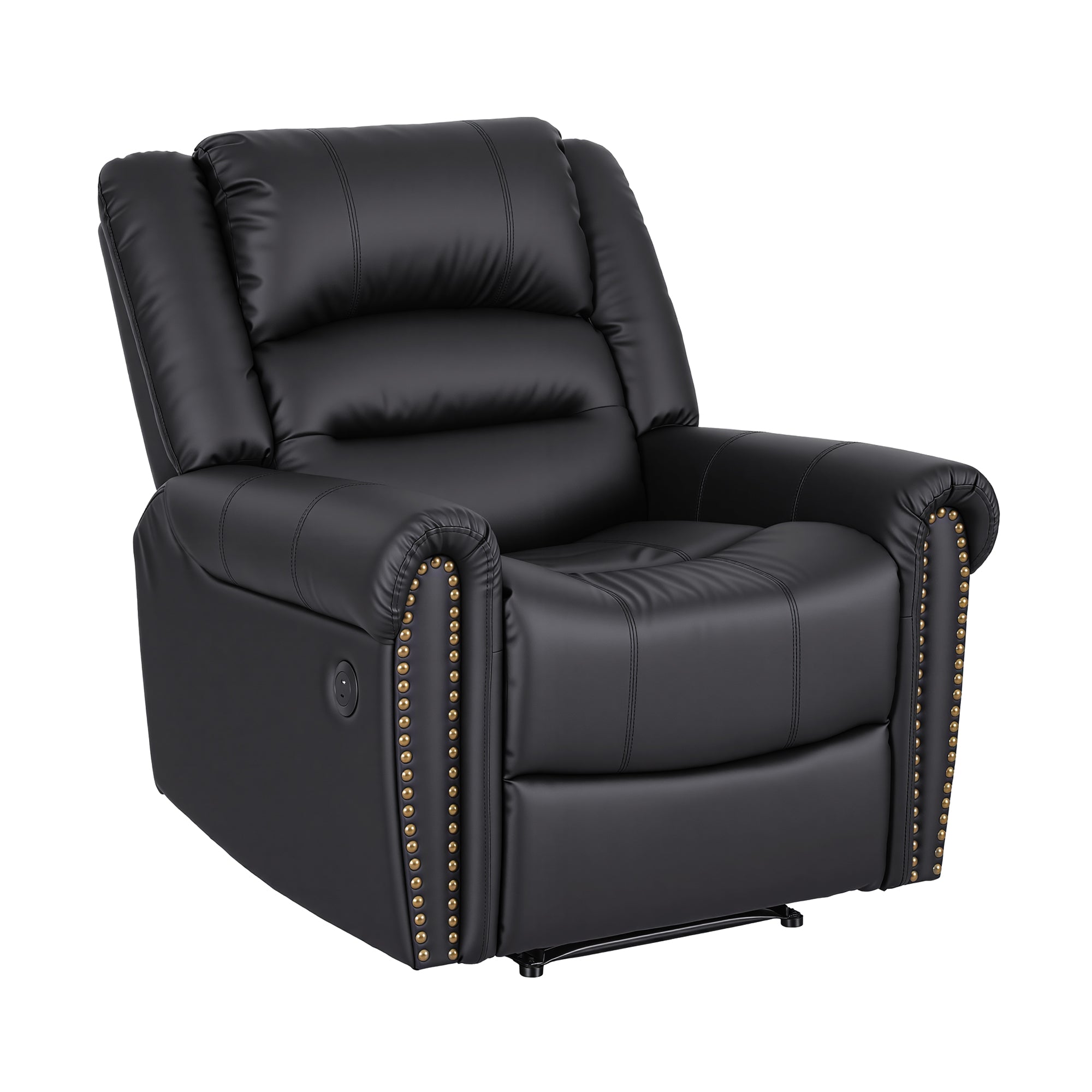 Arete Cloud, Overstuffed, Black Leather Recliner with USB Charge Port, Sofa for Living Room and Nursery,  Reclining Lounge with Comfortable Wide Seat,