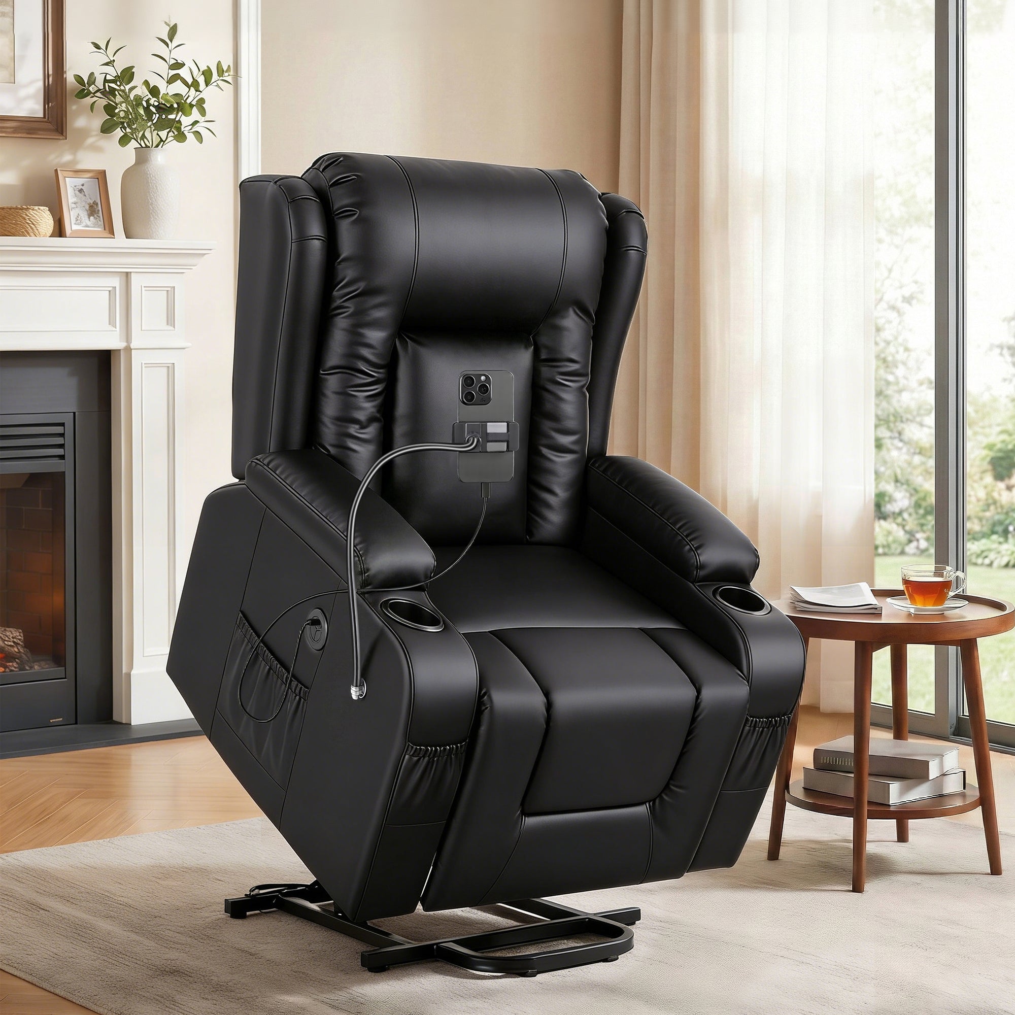Arete Power, Black Leather Lift Recliner Chair with Massage and Heat for Elderly, Electric Sofa Reclining Chair with USB and Phone Holder, Comfy Armchair for Living Room, 2 Cup Holder & 4 Pockets,