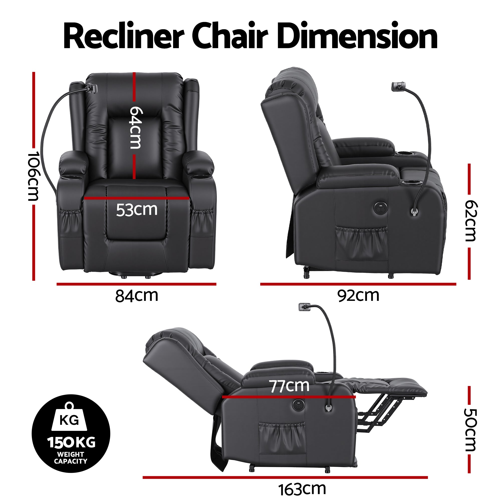 Arete Power, Black Leather Lift Recliner Chair with Massage and Heat for Elderly, Electric Sofa Reclining Chair with USB and Phone Holder, Comfy Armchair for Living Room, 2 Cup Holder & 4 Pockets,