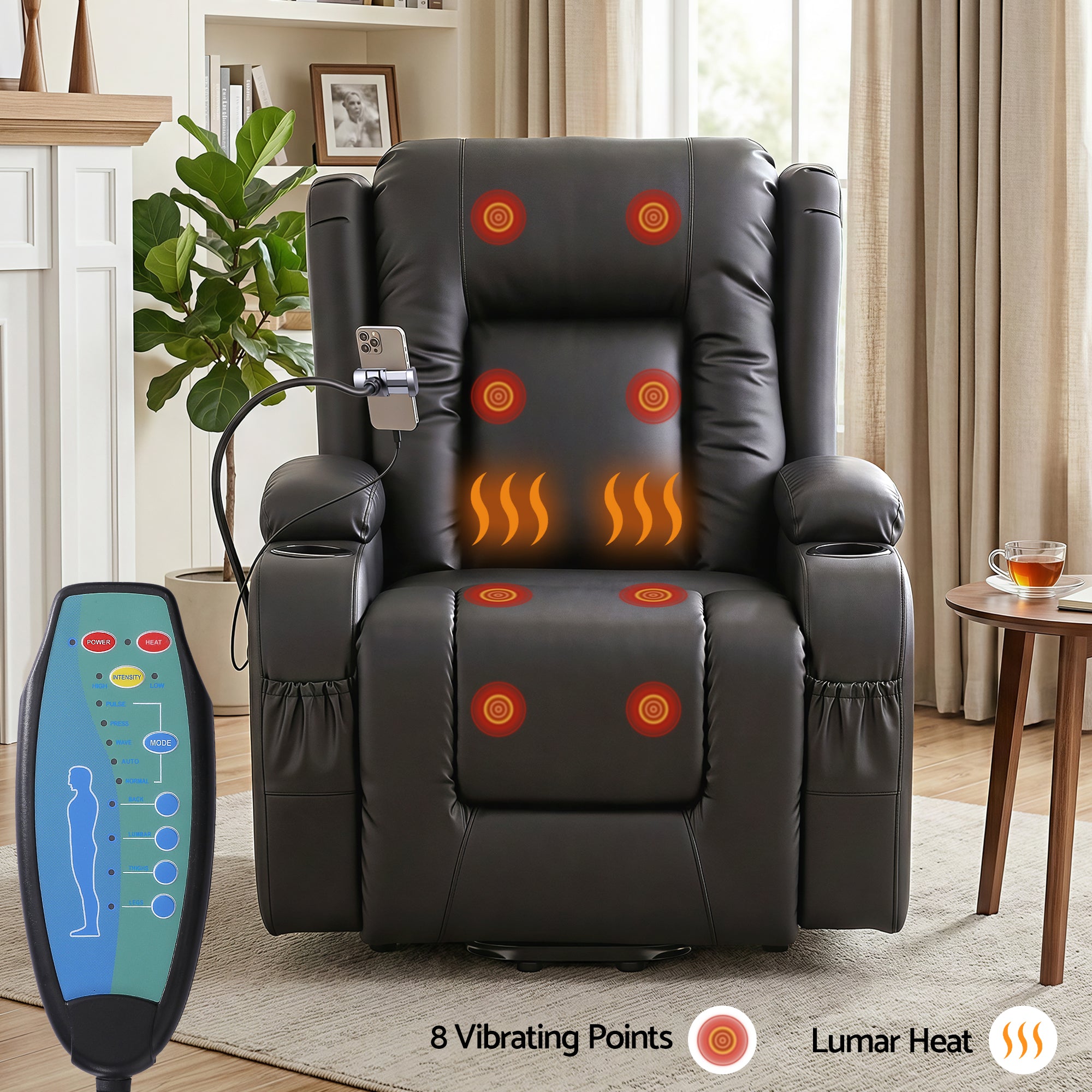Arete Power, Black Leather Lift Recliner Chair with Massage and Heat for Elderly, Electric Sofa Reclining Chair with USB and Phone Holder, Comfy Armchair for Living Room, 2 Cup Holder & 4 Pockets,