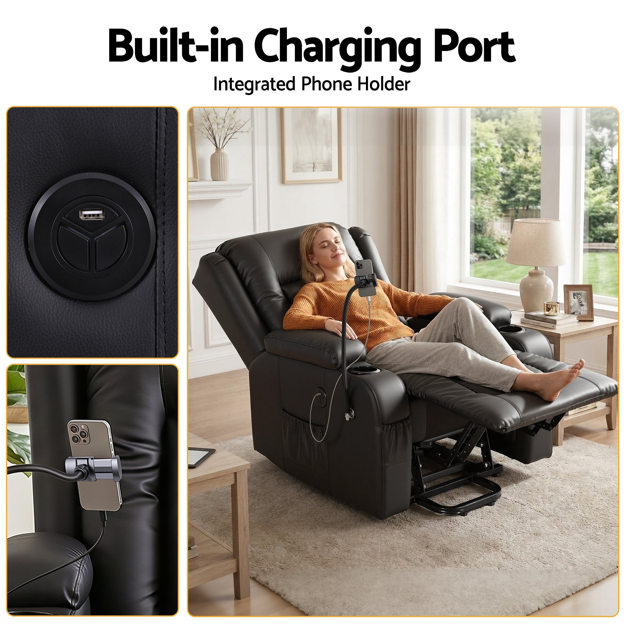 Arete Power, Black Leather Lift Recliner Chair with Massage and Heat for Elderly, Electric Sofa Reclining Chair with USB and Phone Holder, Comfy Armchair for Living Room, 2 Cup Holder & 4 Pockets,