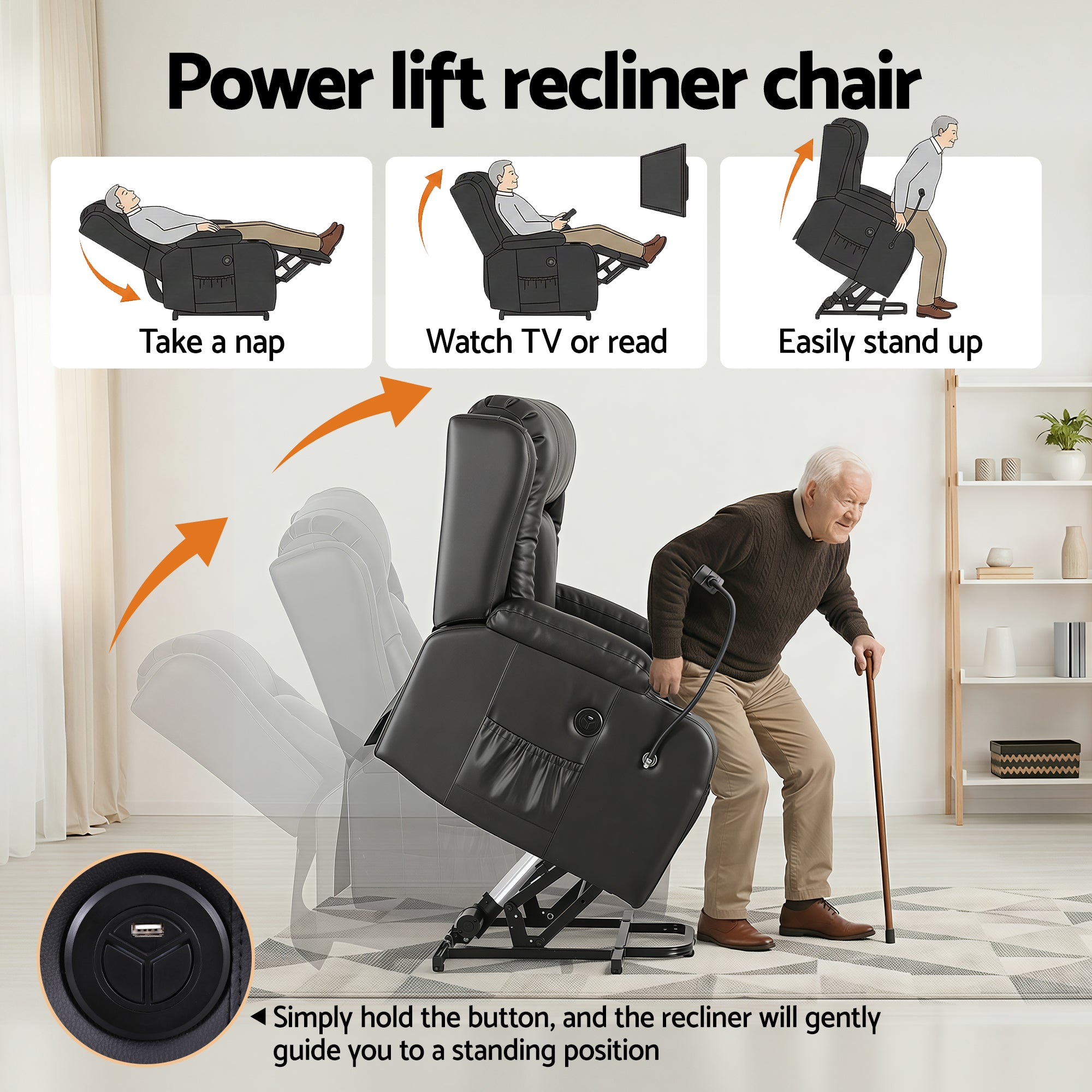 Arete Power, Black Leather Lift Recliner Chair with Massage and Heat for Elderly, Electric Sofa Reclining Chair with USB and Phone Holder, Comfy Armchair for Living Room, 2 Cup Holder & 4 Pockets,