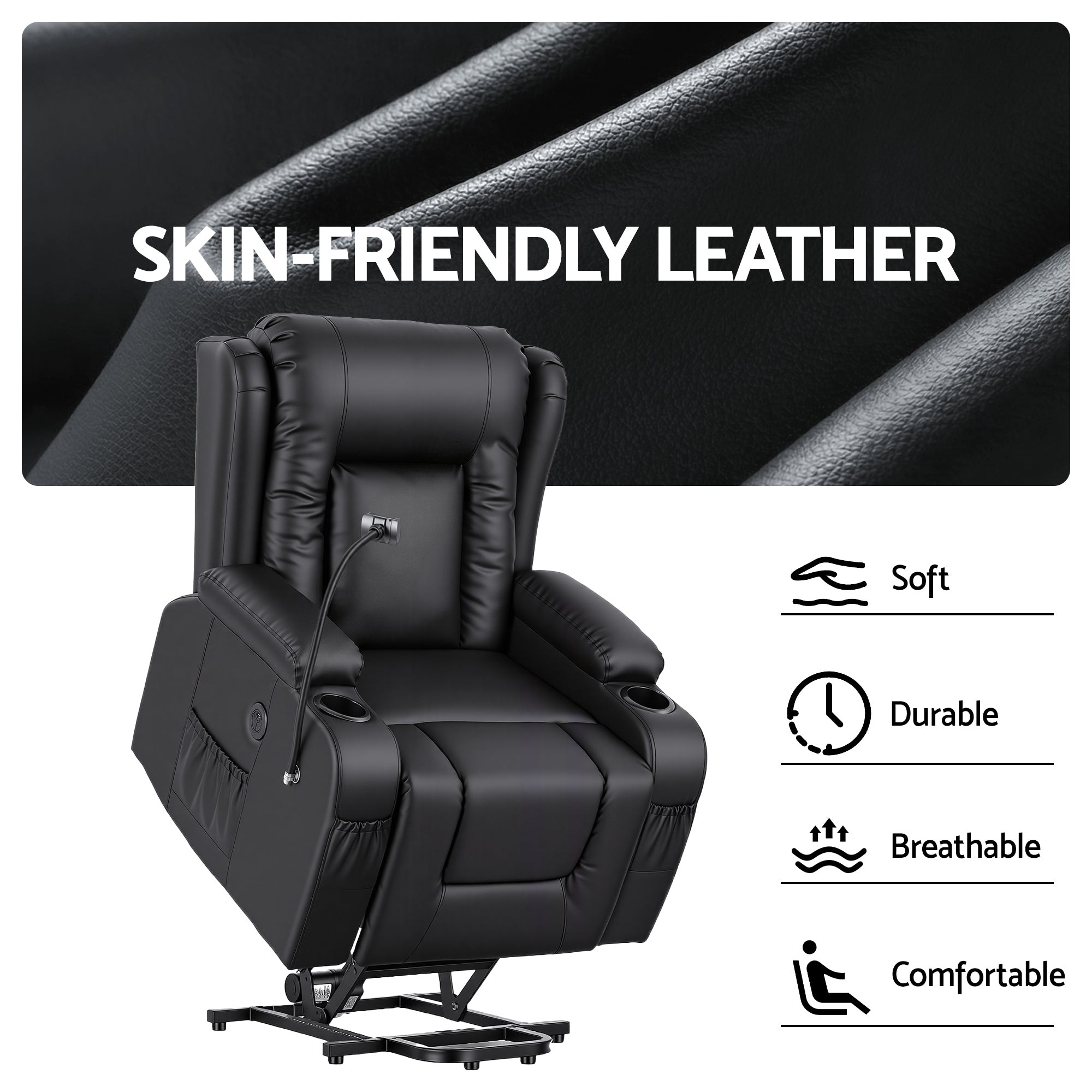 Arete Power, Black Leather Lift Recliner Chair with Massage and Heat for Elderly, Electric Sofa Reclining Chair with USB and Phone Holder, Comfy Armchair for Living Room, 2 Cup Holder & 4 Pockets,