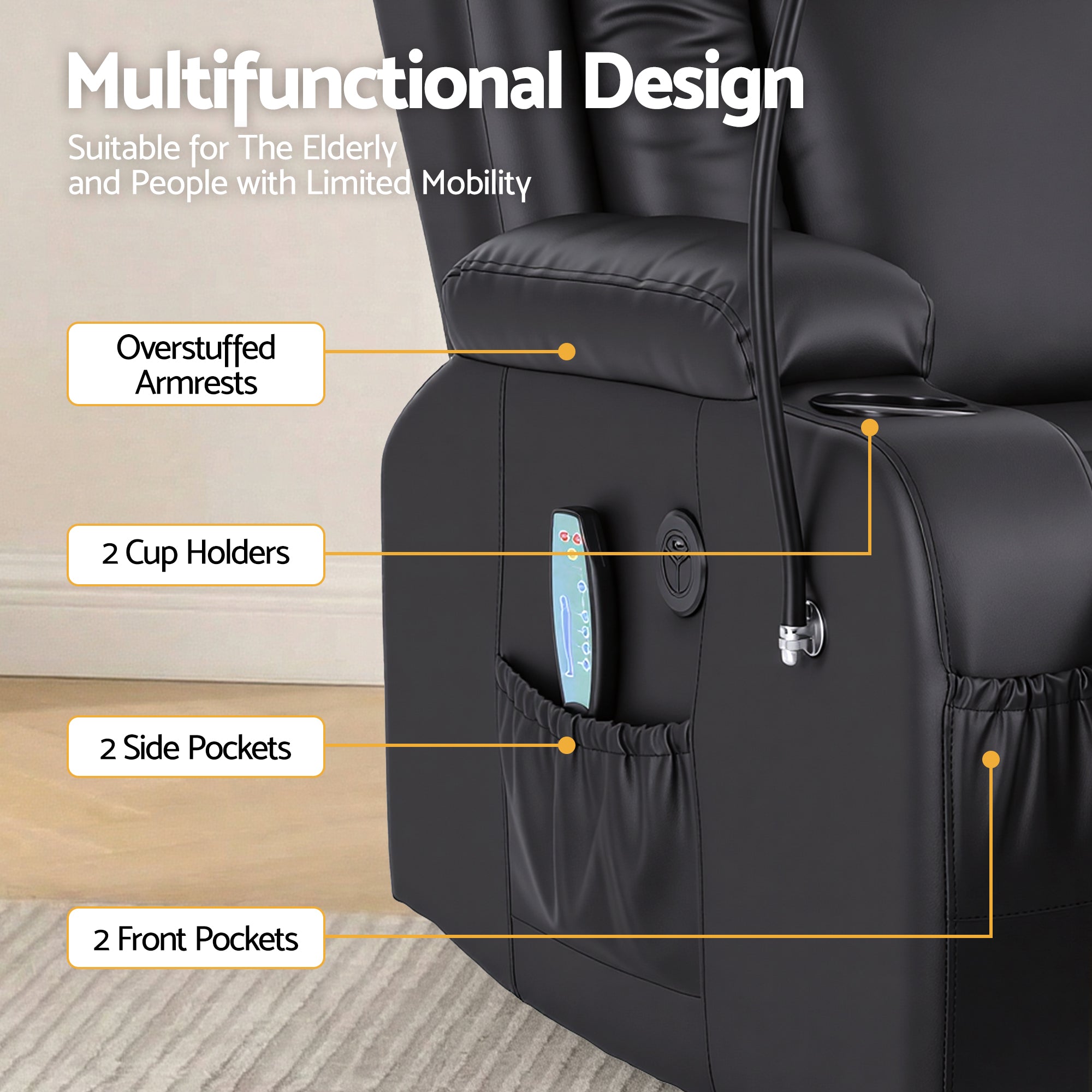 Arete Power, Black Leather Lift Recliner Chair with Massage and Heat for Elderly, Electric Sofa Reclining Chair with USB and Phone Holder, Comfy Armchair for Living Room, 2 Cup Holder & 4 Pockets,