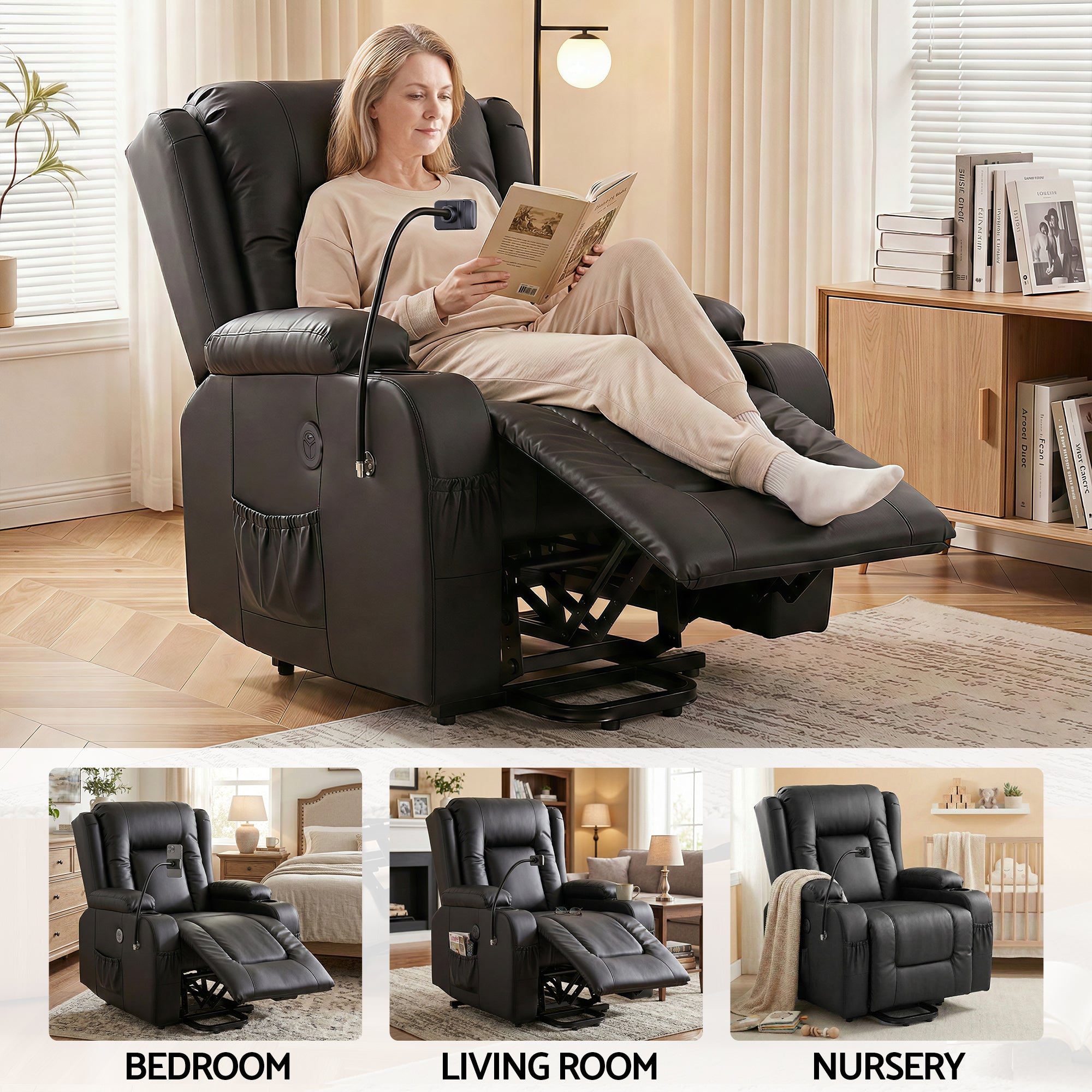 Arete Power, Black Leather Lift Recliner Chair with Massage and Heat for Elderly, Electric Sofa Reclining Chair with USB and Phone Holder, Comfy Armchair for Living Room, 2 Cup Holder & 4 Pockets,