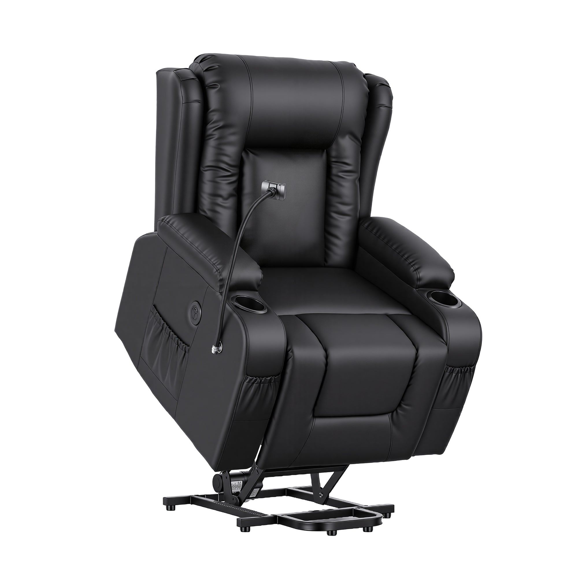 Arete Power, Black Leather Lift Recliner Chair with Massage and Heat for Elderly, Electric Sofa Reclining Chair with USB and Phone Holder, Comfy Armchair for Living Room, 2 Cup Holder & 4 Pockets,