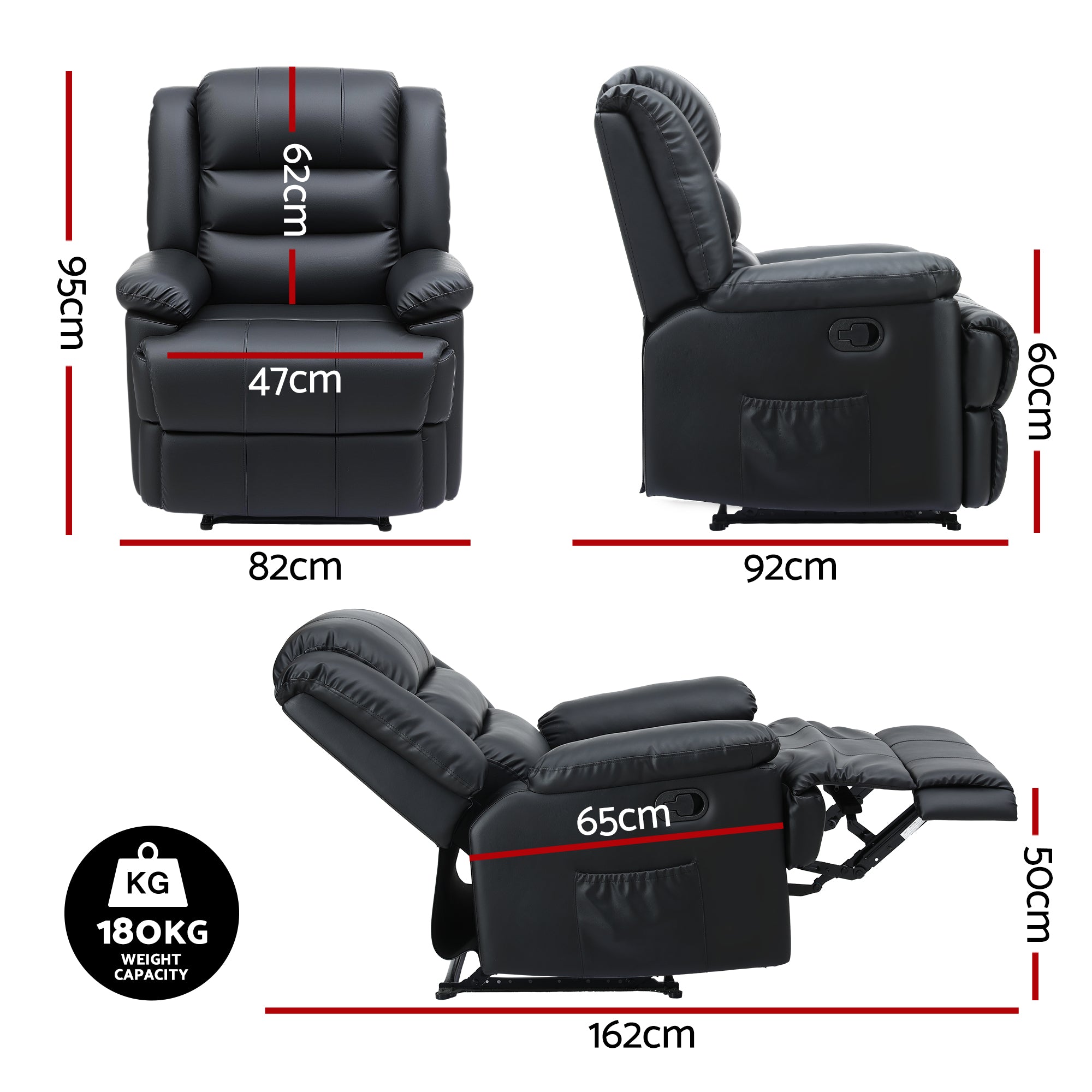 Arete Horizon, Black Leather Recliner Chair with 16 Led colours