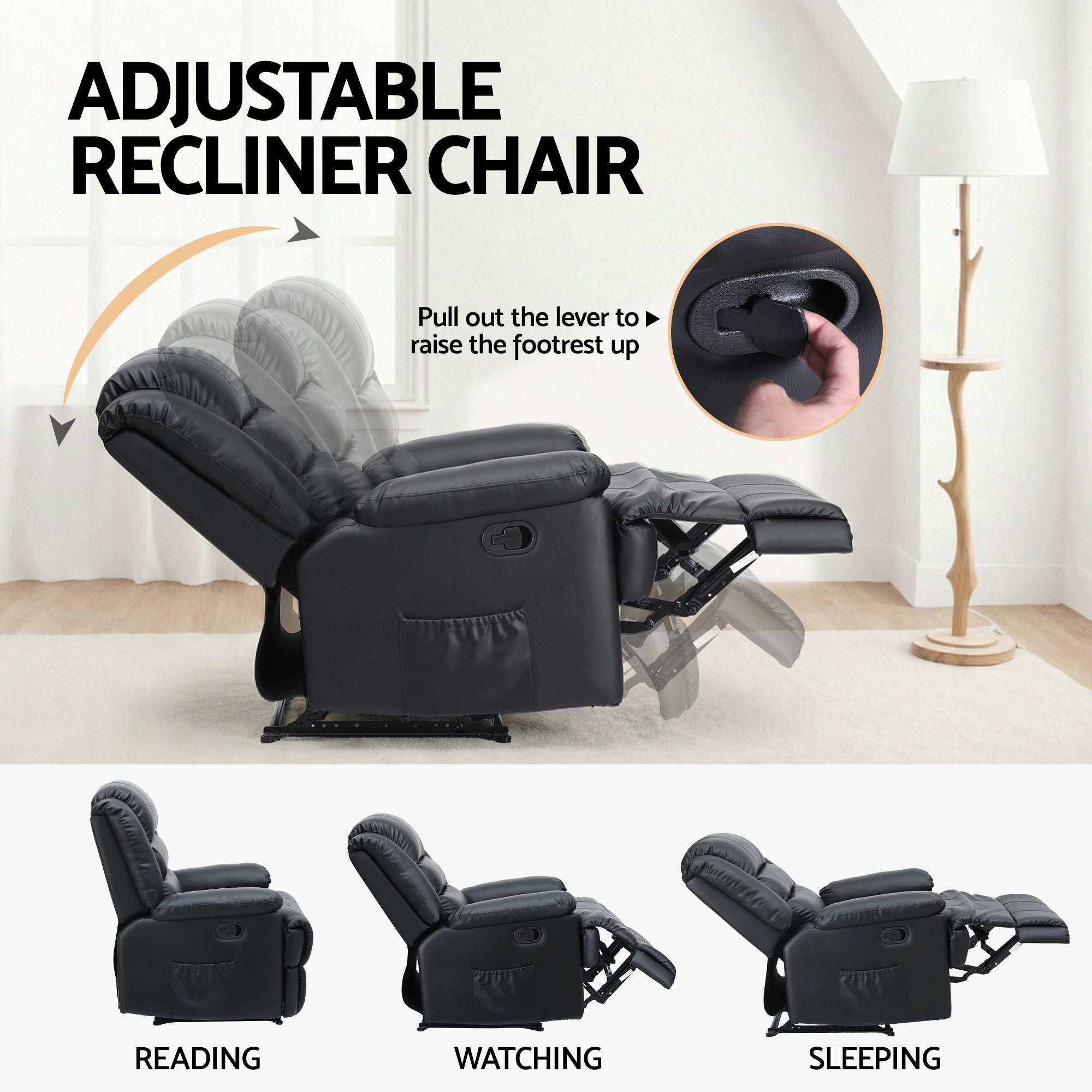 Arete Horizon, Black Leather Recliner Chair with 16 Led colours